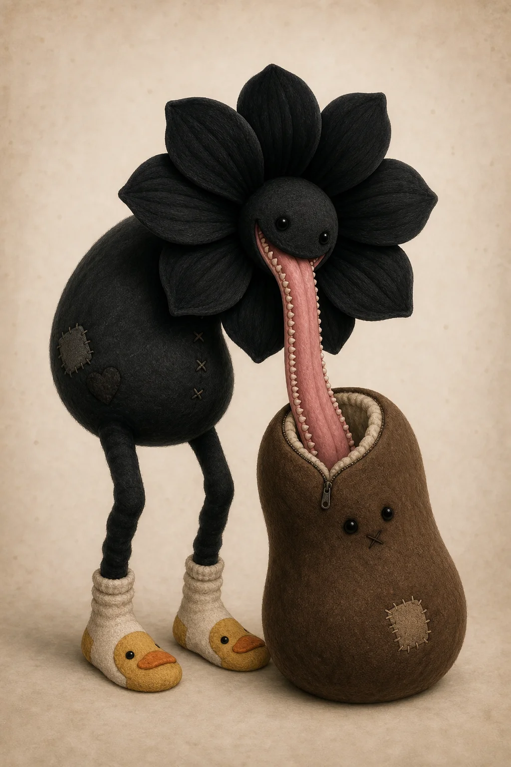 A whimsical plush-like creature with a black flower head, smiling face, and tooth-lined pink tongue leans forward to lick a brown bean-shaped plush in a simple, gentle setting.