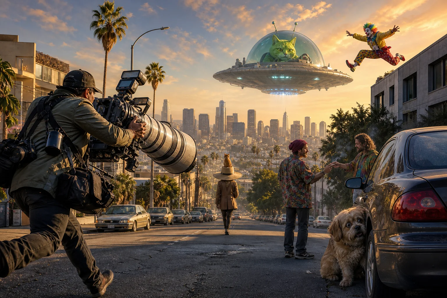 A surreal golden-hour Los Angeles street scene shows a tiny disguised celebrity fleeing a paparazzo, with a cat on his hat, a nervous dog, a hovering alien-cat spaceship, and a clown performing a staged leap.