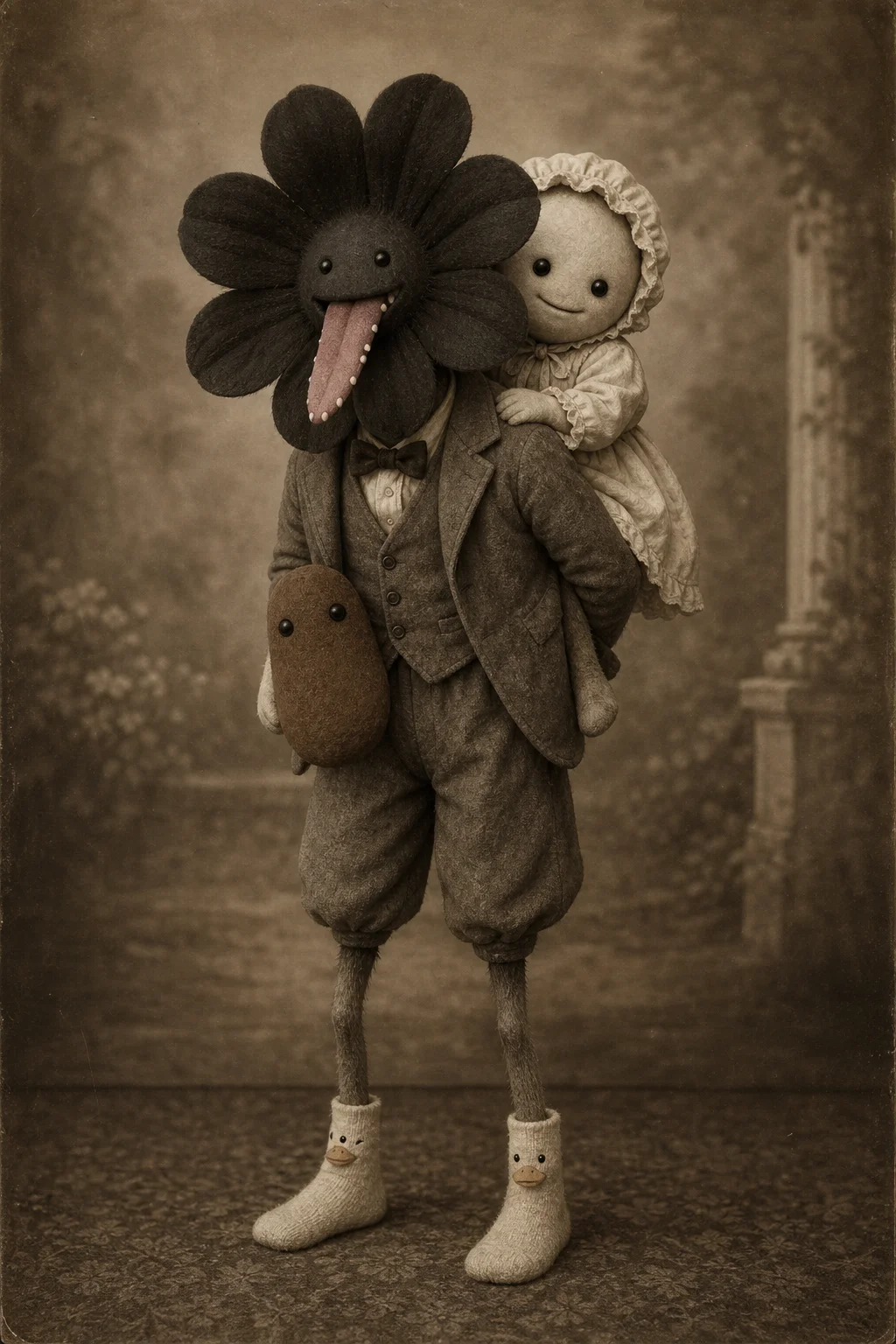 A whimsical flower-headed creature in vintage clothing poses in a sepia studio portrait, carrying a companion piggyback and offering a small bean-shaped plush toy while wearing duck-shaped socks.