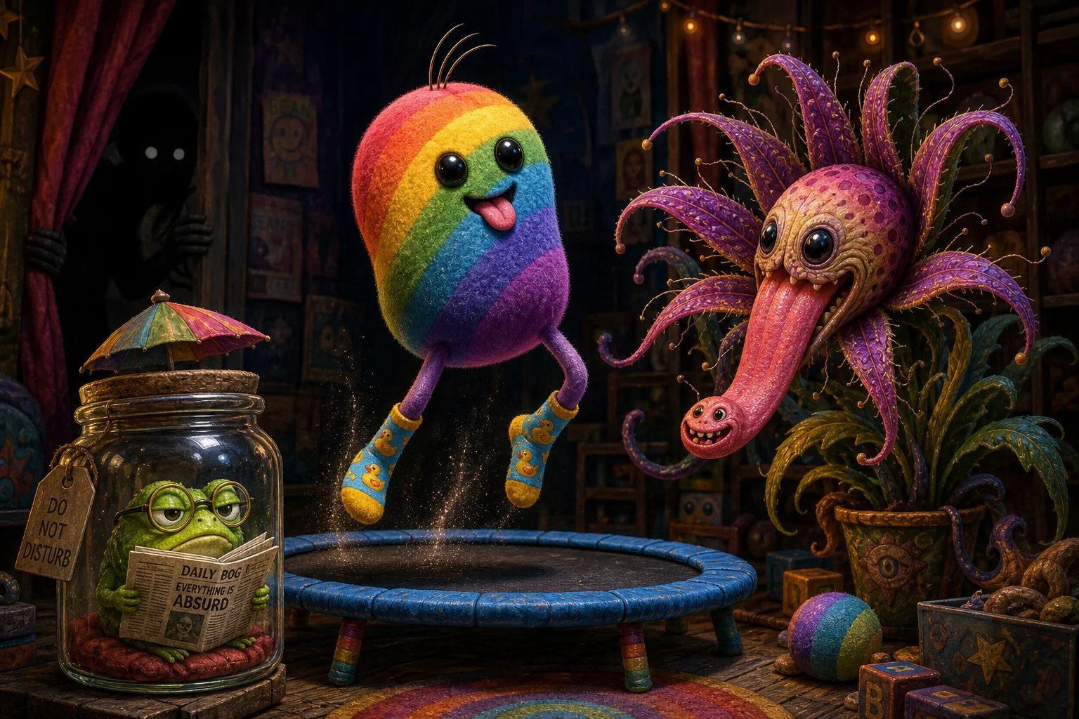 A rainbow bean plush with floppy legs bounces on a trampoline in a whimsical fantasy scene, while a flower-spider creature, shadowy figure, and bespectacled frog in a jar gather nearby.
