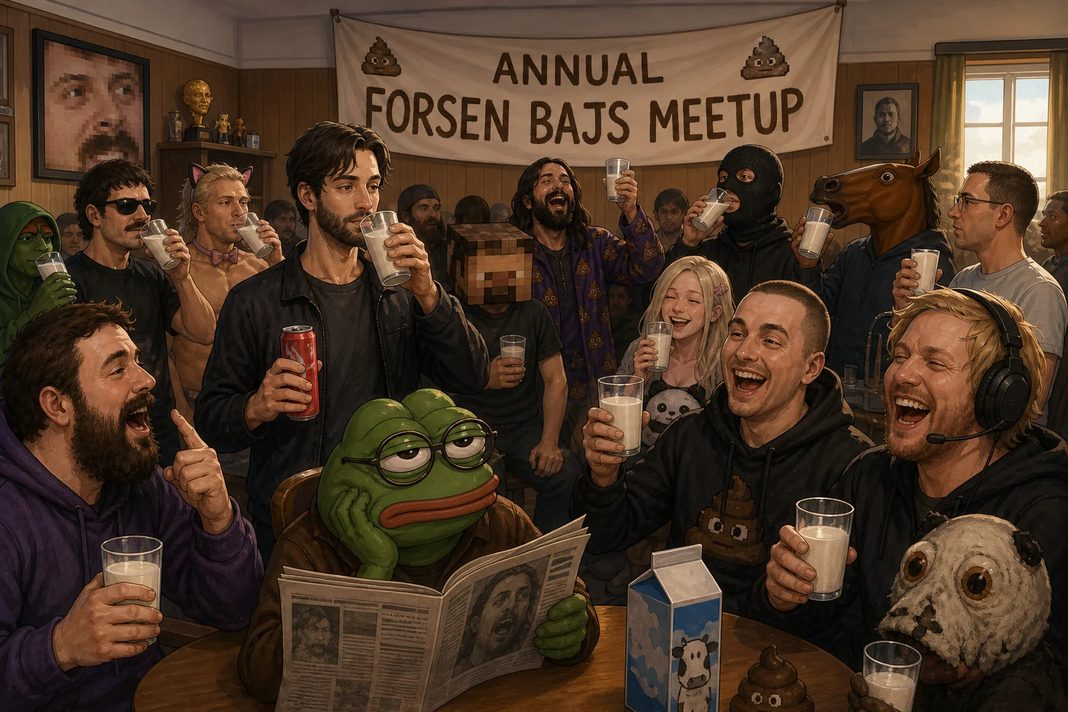 A lively internet-fan meetup fills a warmly lit community hall, where one attendee holds a red energy drink while sipping milk and a bespectacled green frog reads a newspaper with an unimpressed expression.