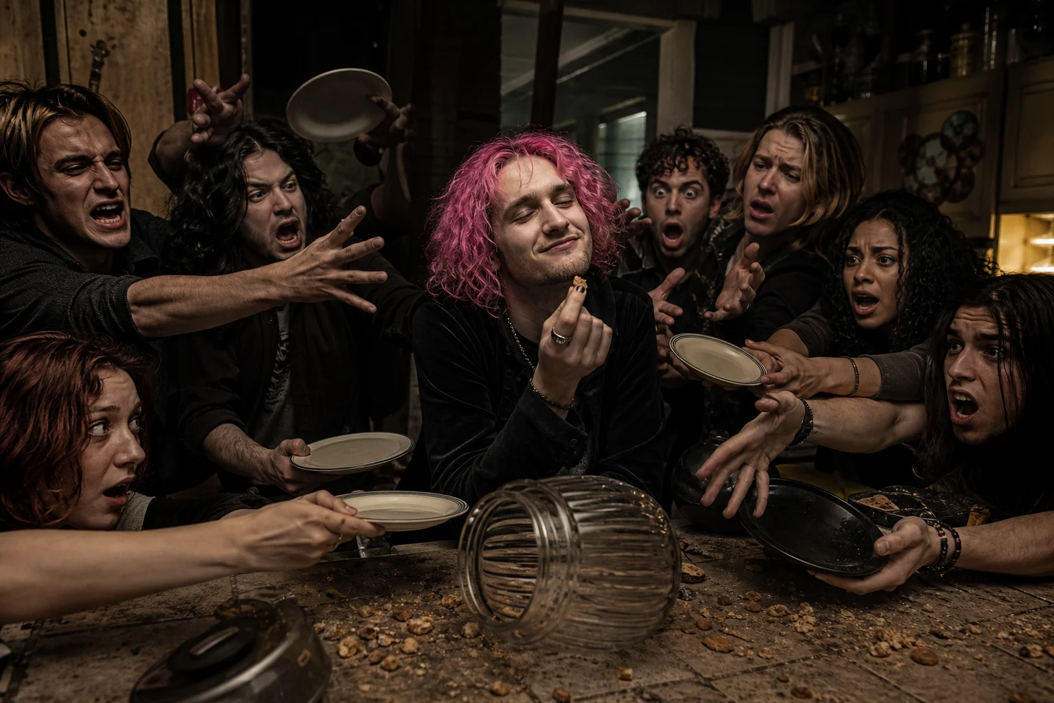 A chaotic kitchen erupts in comic panic as a hungry crowd reaches for crumbs and an empty cookie jar, while a pink-haired man at center smugly holds the last crumb under moody ’90s rock lighting.