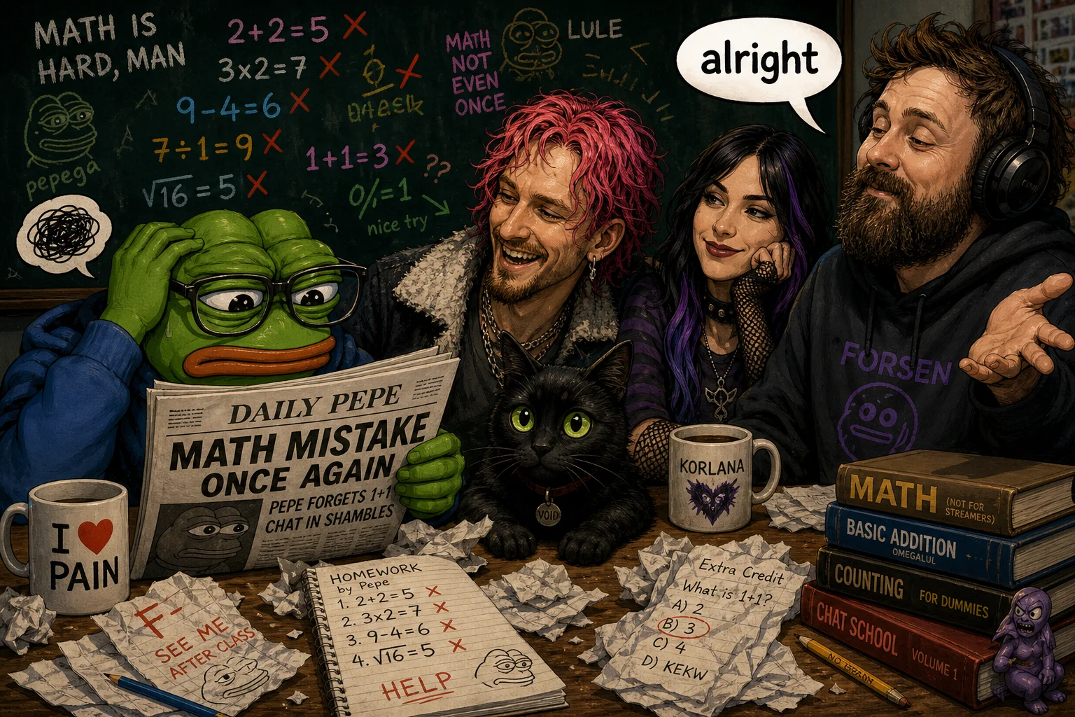 A surreal, colorful cartoon group scene shows Pepe peering over a newspaper at incorrect math equations while Layne laughs, Forsen gestures, Korlana joins them, and a green-eyed black cat sits between them in a classroom-like setting.