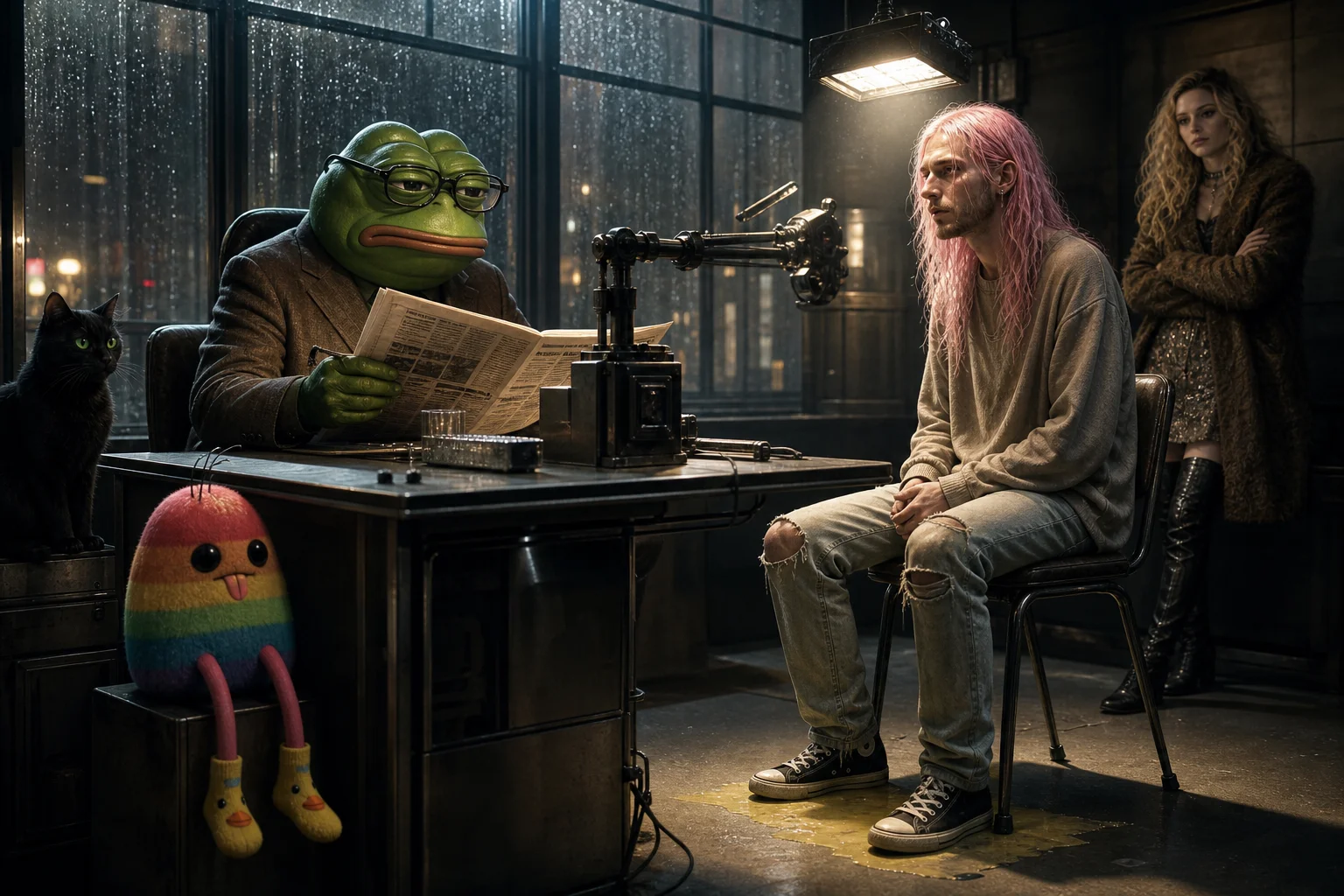 In a moody, rain-streaked interrogation room, a bespectacled frog reads a newspaper while administering an empathy test to an anxious long-haired man under a harsh lamp, watched by a confused black cat and whimsical plush toy.