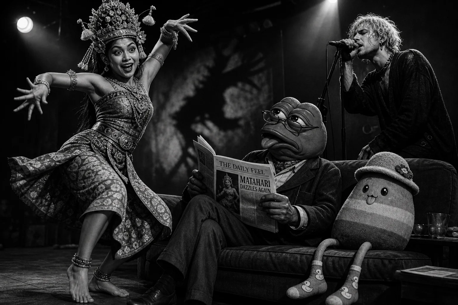 In a surreal theatrical stage scene, Mata Hari dances energetically while Pepe reads a newspaper, a rainbow bean plush sits nearby, and a pink-haired singer performs under stark expressionist spotlights.