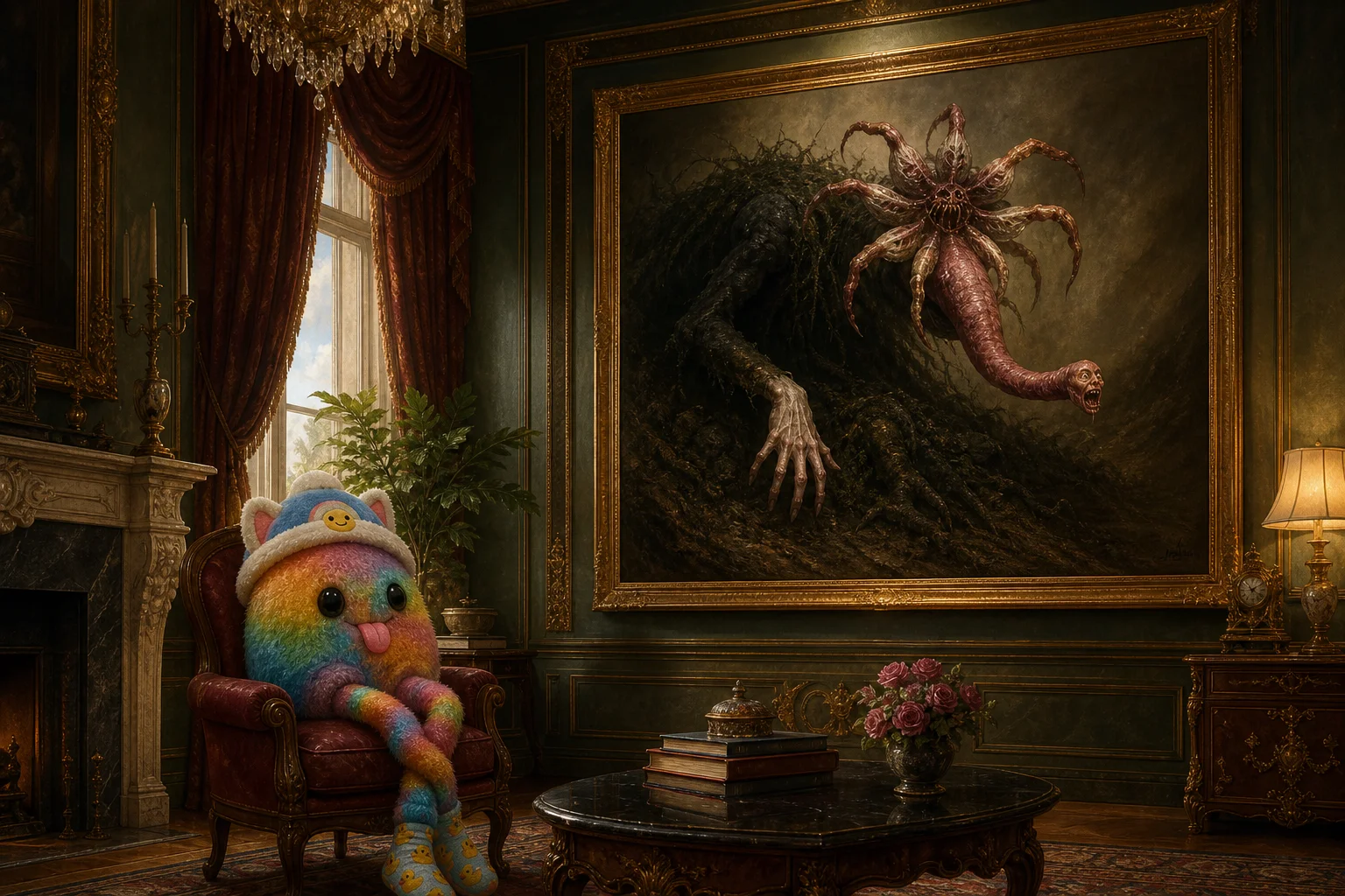 An ornate classical living room features a surreal creature portrait as its focal wall artwork, while a cute rainbow bean plush with floppy legs and a hat sits nearby amid warm, richly textured furnishings.