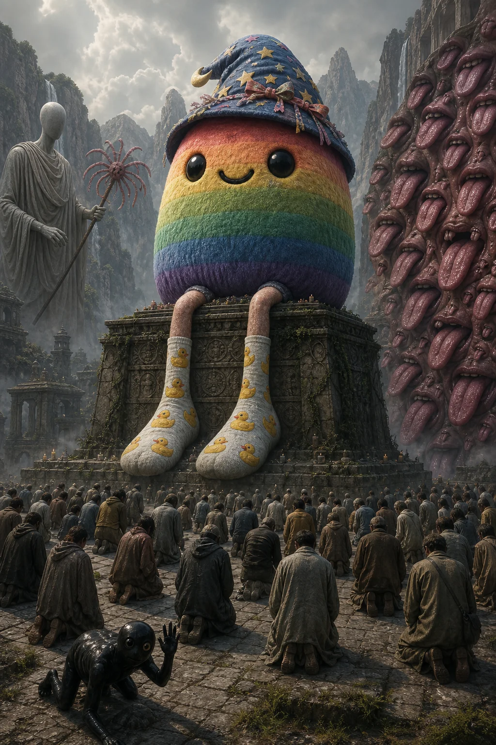 A rainbow bean plush statue with a smiling face, whimsical hat, and oversized duck-print socks towers over kneeling people in a surreal, dramatic devotional setting.