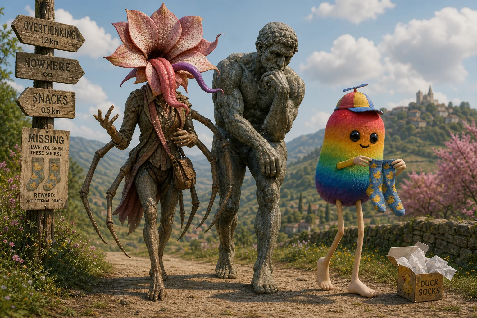 A whimsical flower-headed arachnid, a walking Thinker statue, and a rainbow bean plush stroll together in a surreal setting, while the sockless plush pulls out a new pair of duck socks.