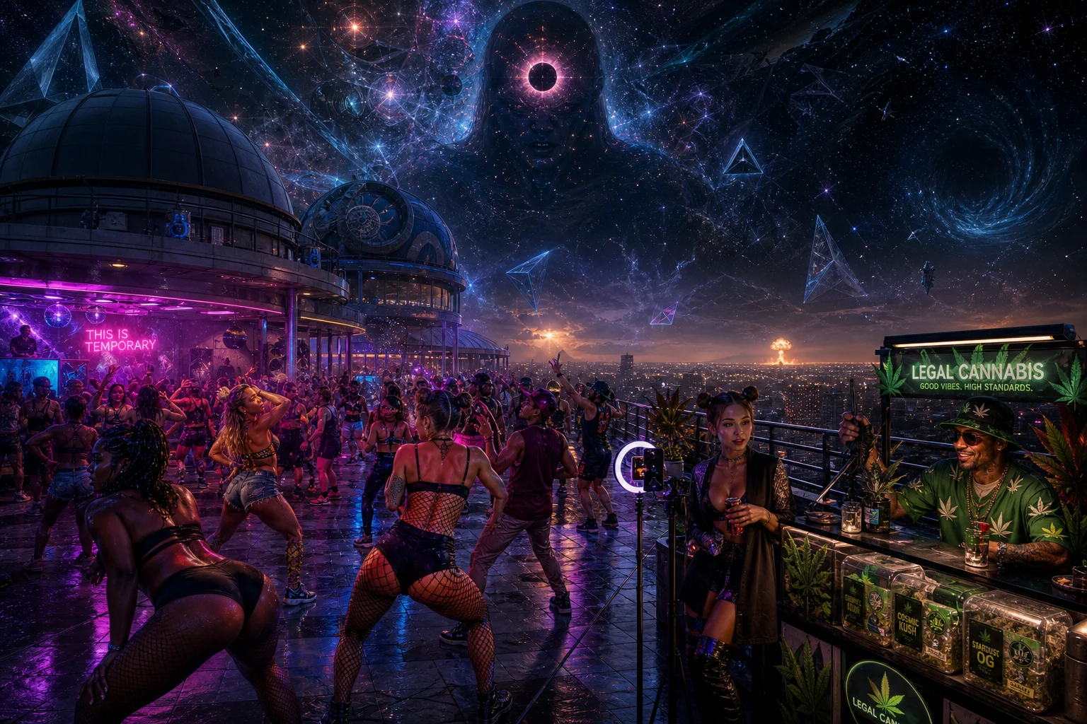 Adult revelers dance beneath neon lights on a vast rooftop observatory, beside a cannabis-themed vendor stall, while a tiny distant mushroom cloud and surreal cosmic forms loom across the horizon.