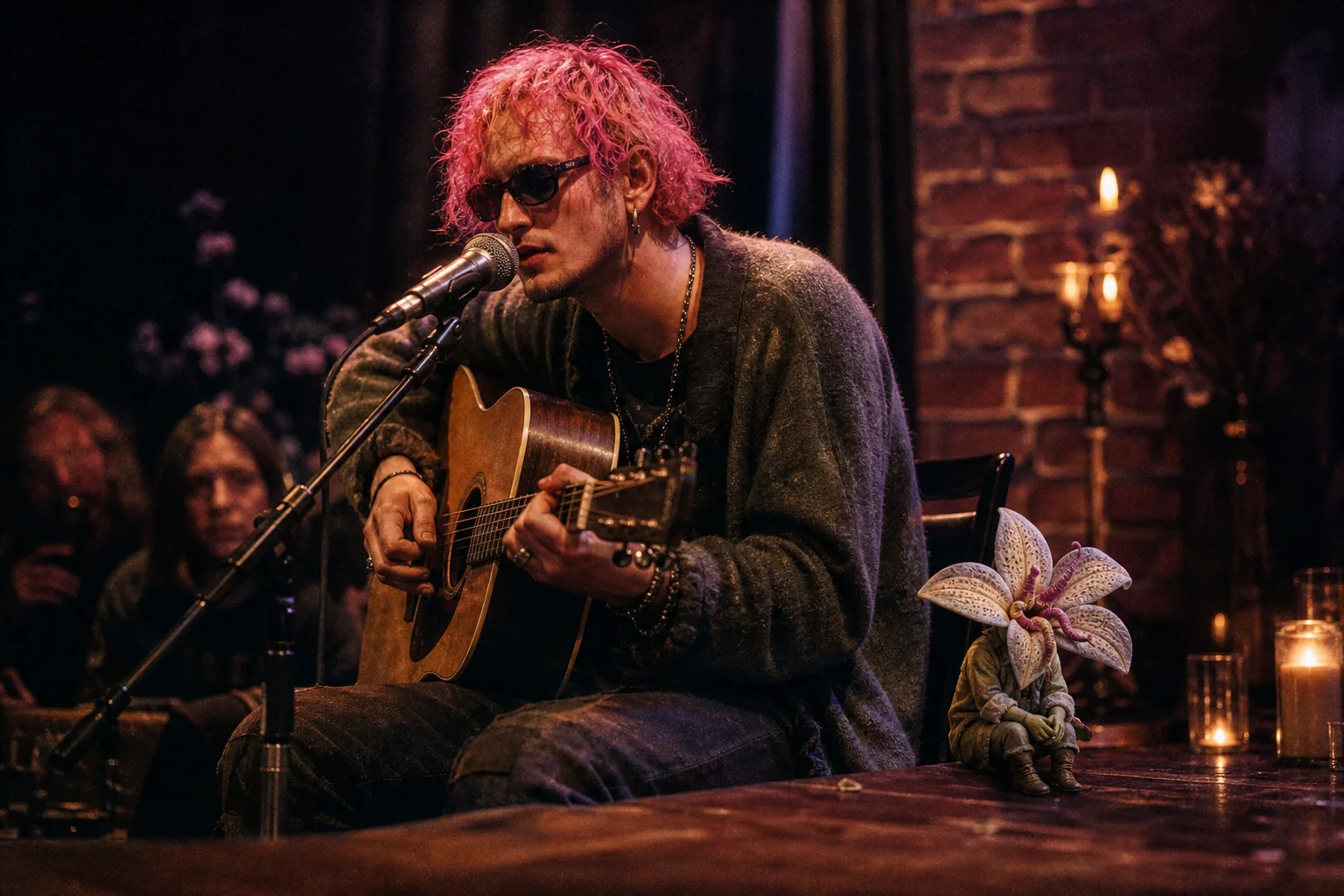 A pink-haired singer performs with an acoustic guitar and vintage microphone on a dimly lit, brick-walled stage, while a tiny flower-headed, faceless creature with surreal tongues watches from the foreground.
