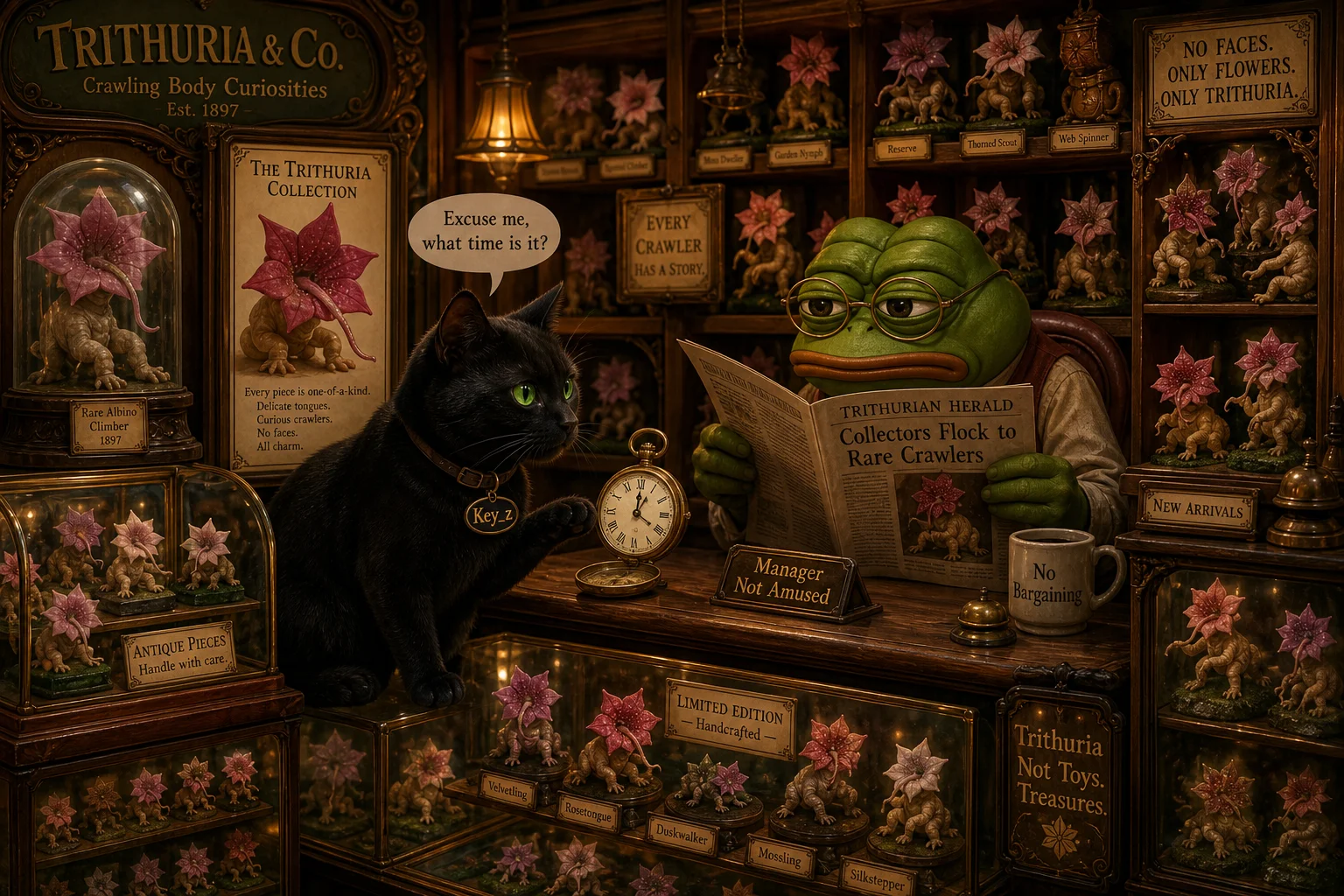A whimsical antique shop displays tiny crawling creatures with flower heads, while a green frog-like clerk reads behind the counter and a black cat sits nearby amid warm, cluttered vintage shelves.