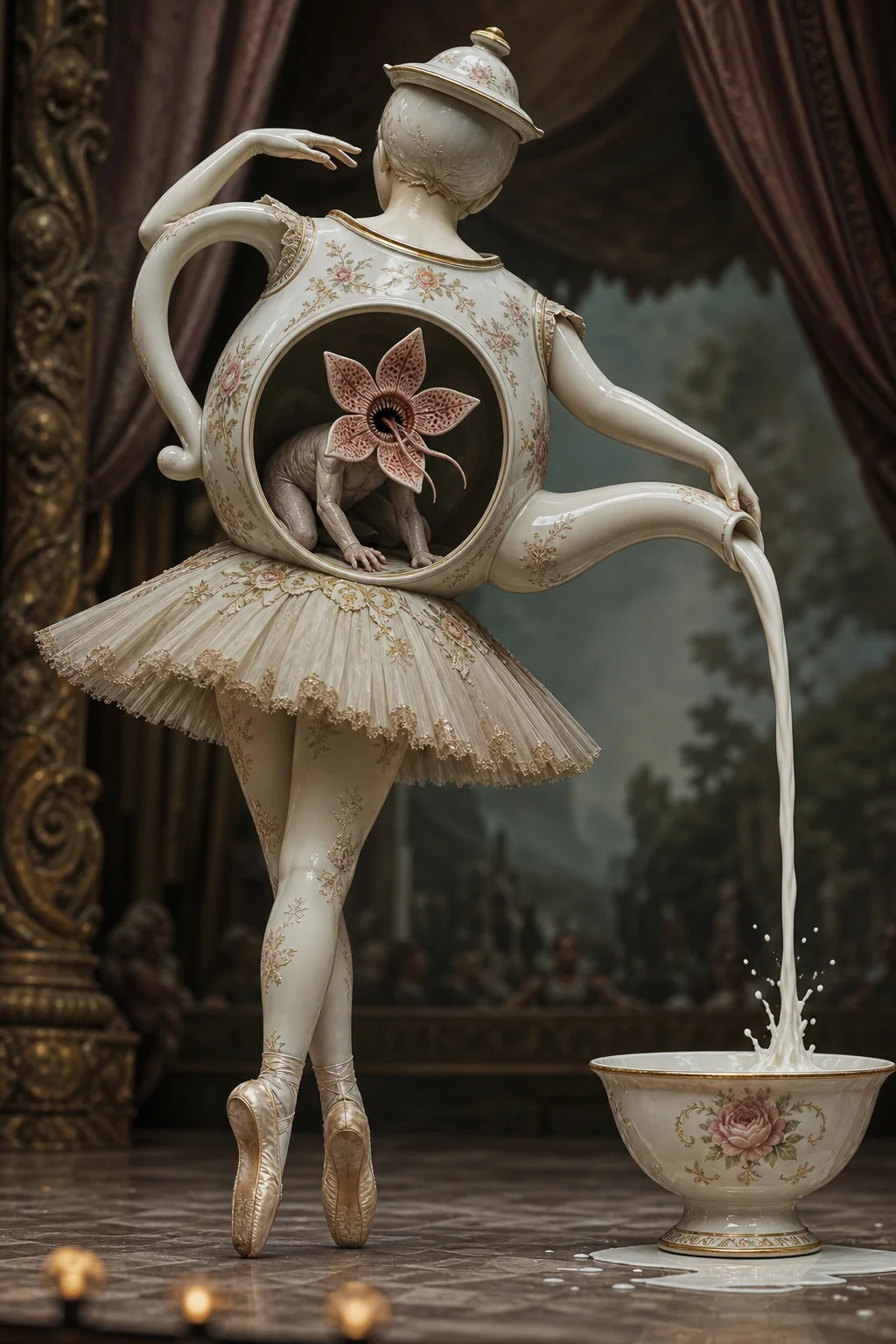 A surreal fantasy illustration shows a humanoid teapot ballerina bending gracefully forward in a ballet pose, viewed from behind, with milk streaming from its spout and an uncanny tiny flower-headed figure visible inside.