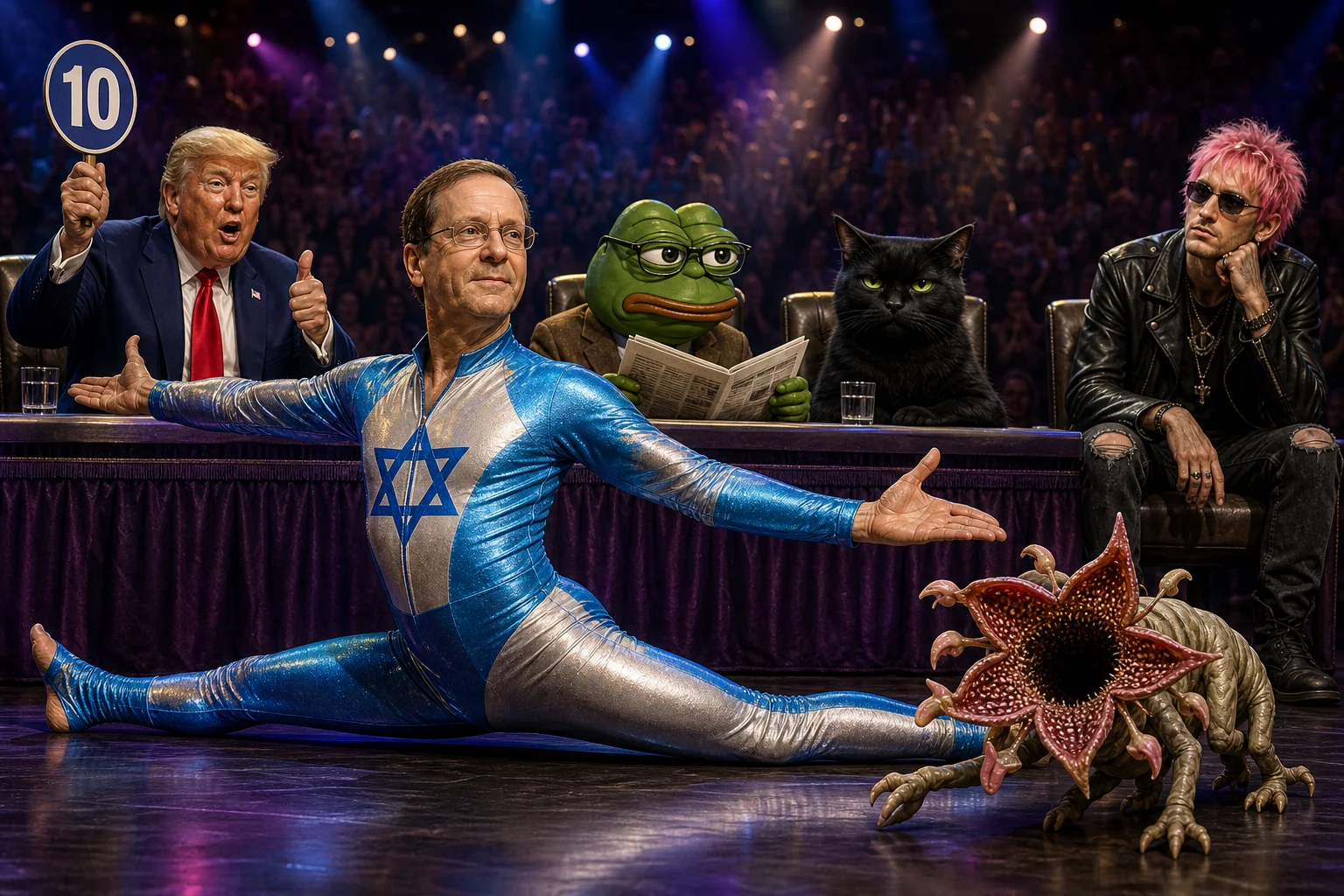 In a bright competition arena, a metallic-spandex performer holds a full split onstage as judges react—one cheering, one annoyed, and a cat unimpressed—while a pink-haired observer watches and a tiny flower-headed creature crawls nearby.