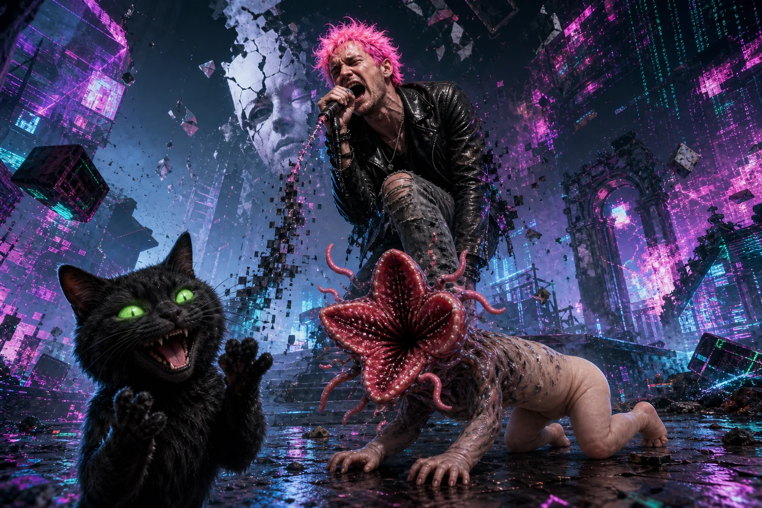 A pink-haired singer performs on a glitching, collapsing digital stage, while a glowing-eyed black cat and a tiny flower-headed creature crawl through the surreal magenta and cyan-lit chaos.