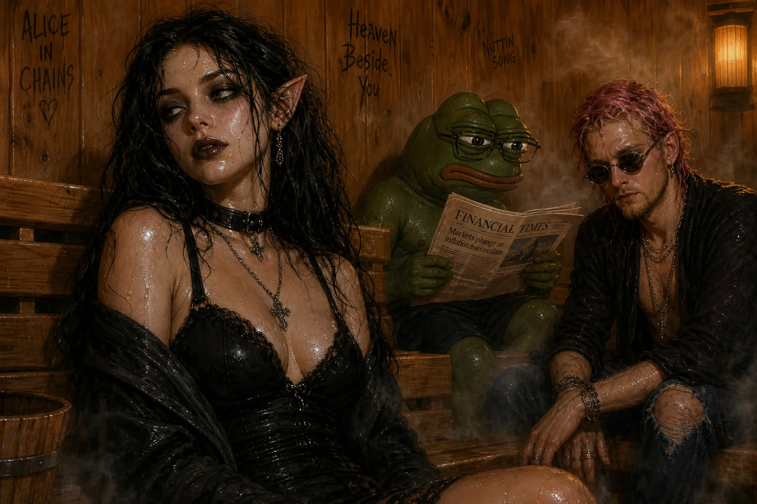A stylish goth elf woman sits perspiring in a steamy wooden sauna, while a bespectacled frog reads a newspaper and a pink-haired musician shares the warmly lit, humorous scene.