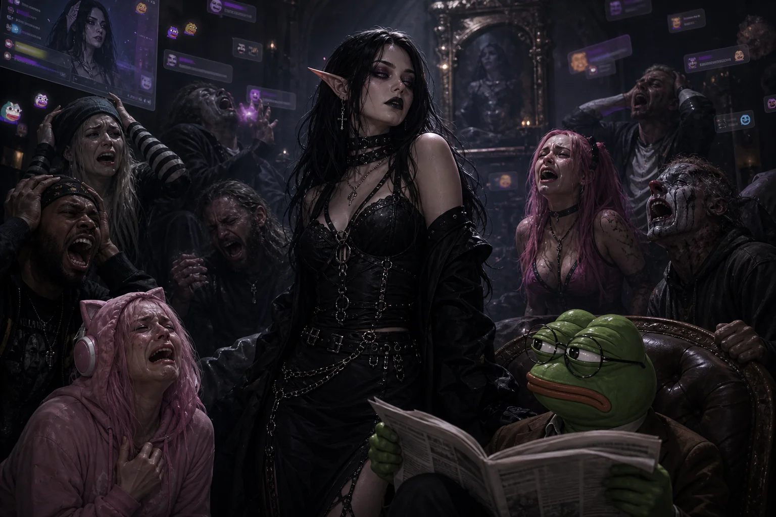 A goth elf woman and a bespectacled green frog reading a newspaper stand amid anguished people in a dark room with glowing chat-like interface elements and moody gothic lighting.