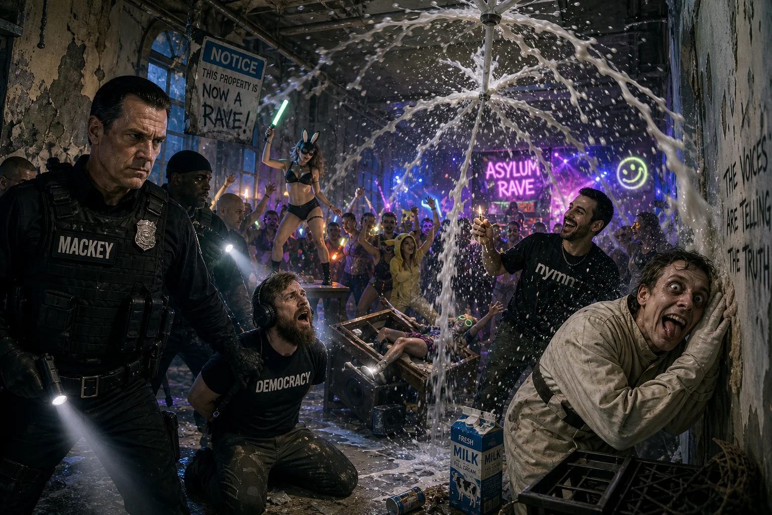A chaotic police raid unfolds at a neon-lit underground rave in a crumbling abandoned asylum, with handcuffed revelers, eccentric dancers, fog, graffiti, and milk spraying from the sprinklers.
