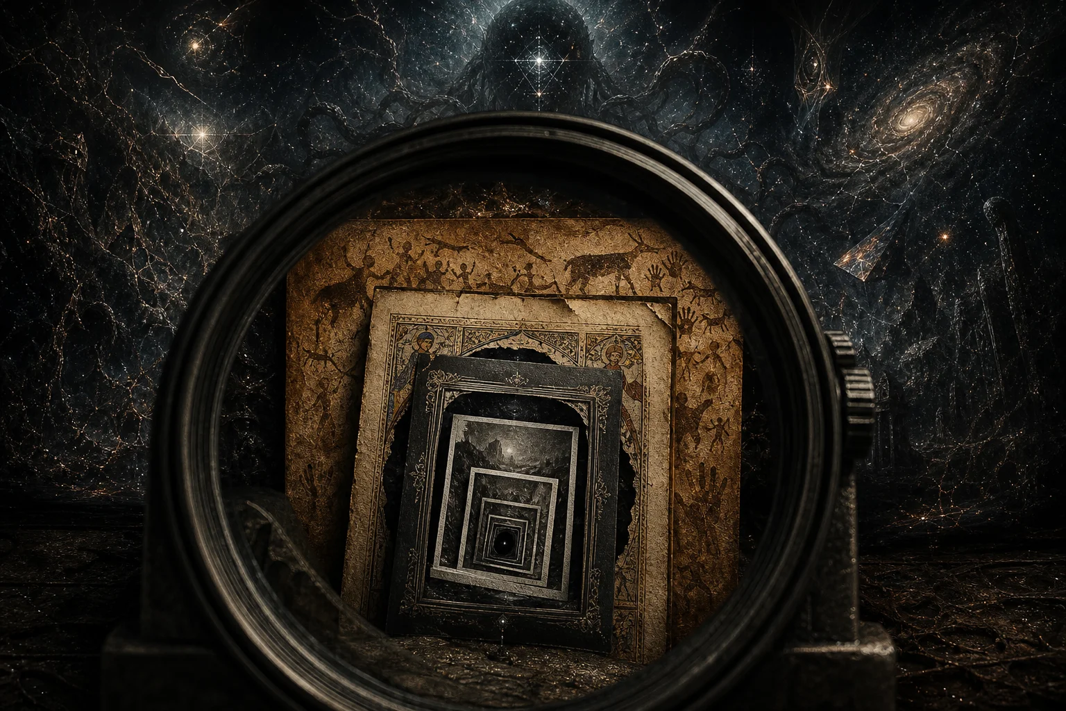 A giant camera lens frames an infinite tunnel of aged photographs depicting an impossible abyss, surrounded by warped galaxies, fractured stars, and a shadowy geometric entity in deep space.