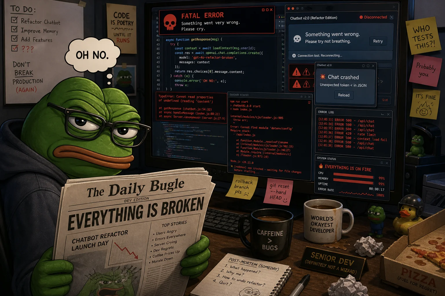 A bespectacled Pepe looks up irritably from a newspaper while testing a chatbot on a cluttered desk, surrounded by broken code, error messages, crashed chat windows, and warning icons.