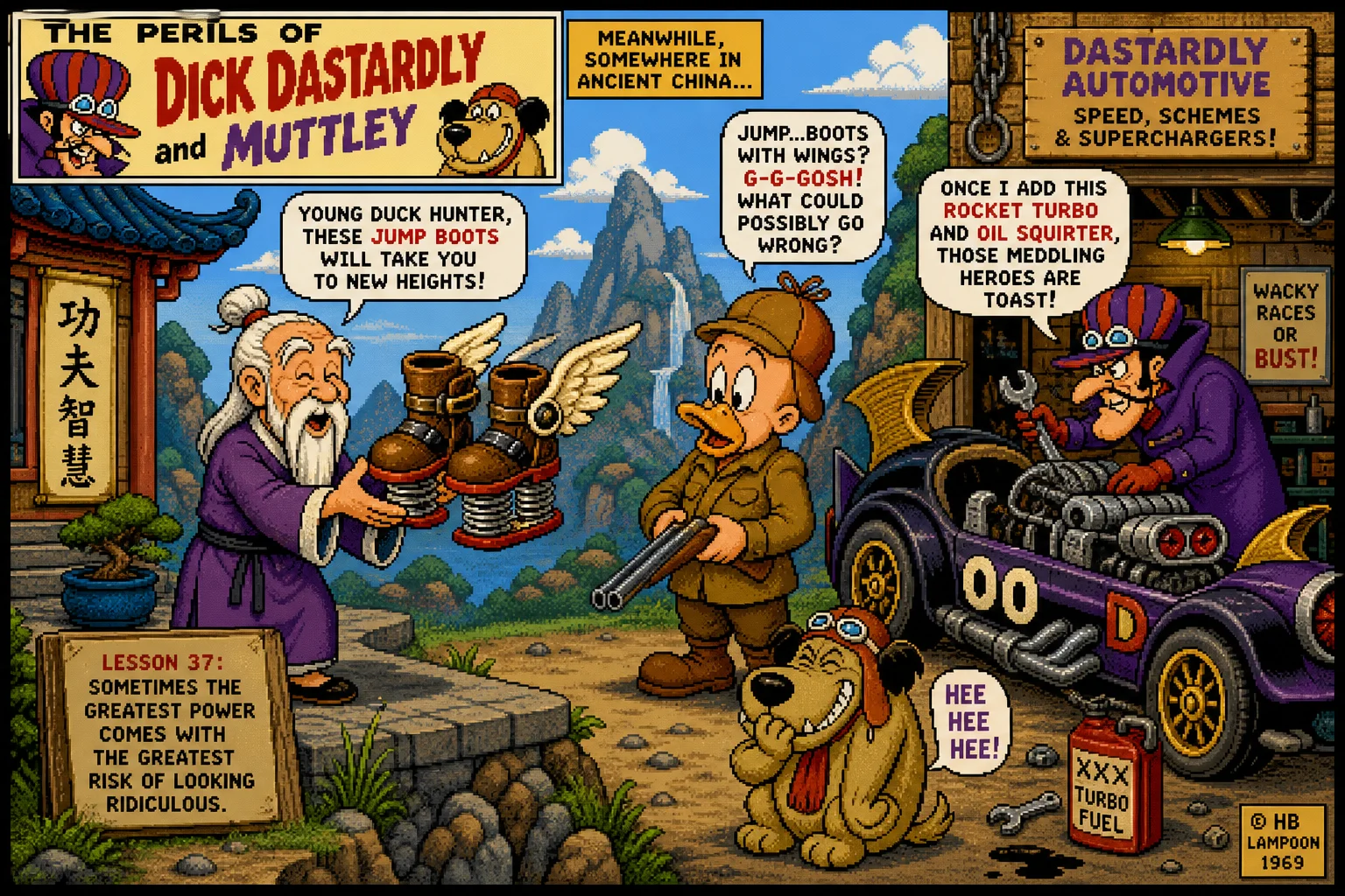 In a colorful retro pixel-art workshop, an ancient kung fu master hands winged jump boots to a bewildered duck hunter while a mischievous dog snickers and a villain tinkers with a car.