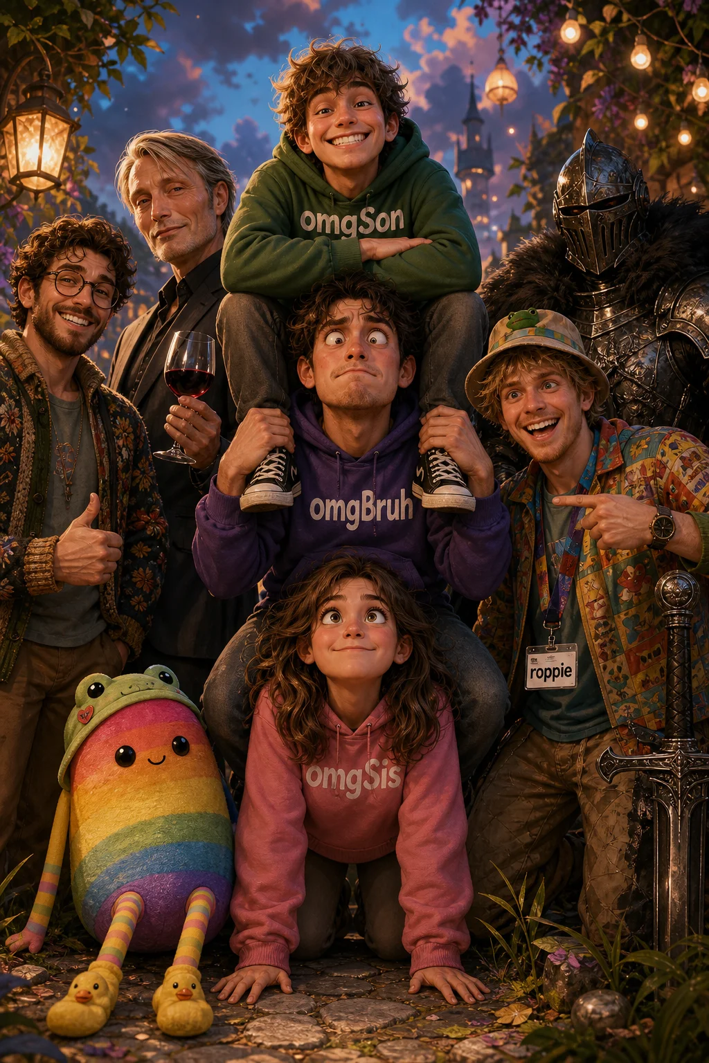A colorful whimsical ensemble shows three characters stacked atop one another at center, surrounded by expressive companions, a rainbow bean plush, and a detailed medieval knight in a polished fantasy setting.