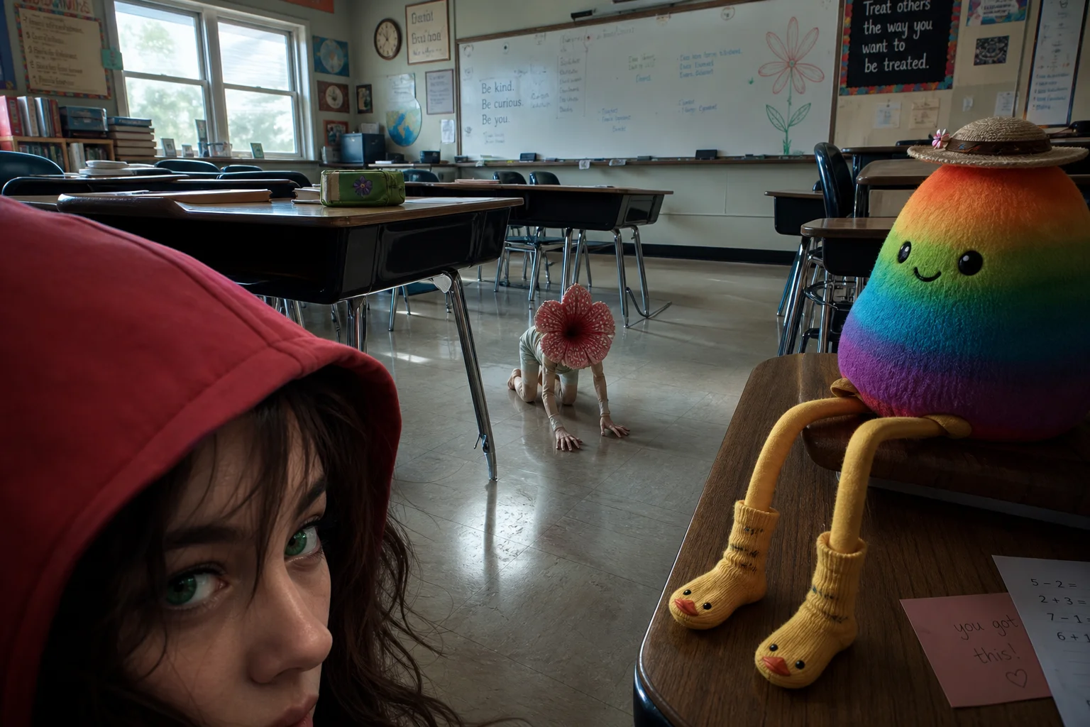 A tiny flower-headed creature crawls across a classroom floor toward the viewer, framed by a red-hooded student and a rainbow bean plush on a desk in soft schoolroom light.