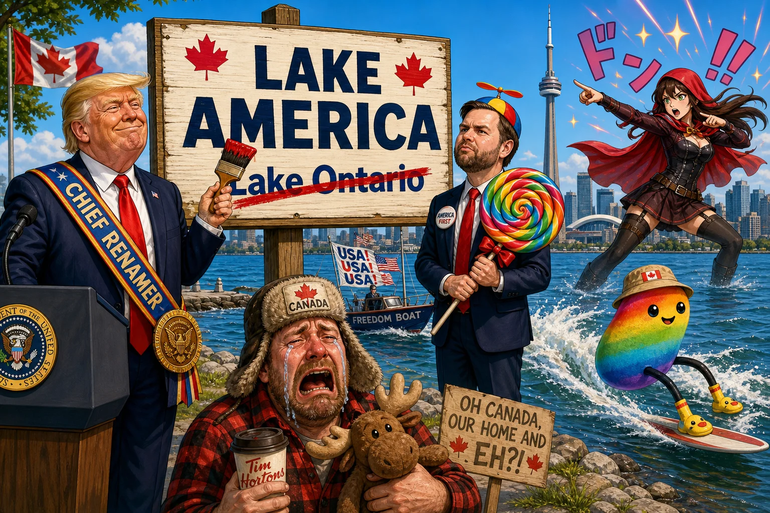 A colorful satirical lakeside cartoon shows Donald Trump unveiling a “LAKE AMERICA” sign, with JD Vance, a crying Canadian, a cheerful bean-shaped surfer, and a posed red-hooded woman nearby.