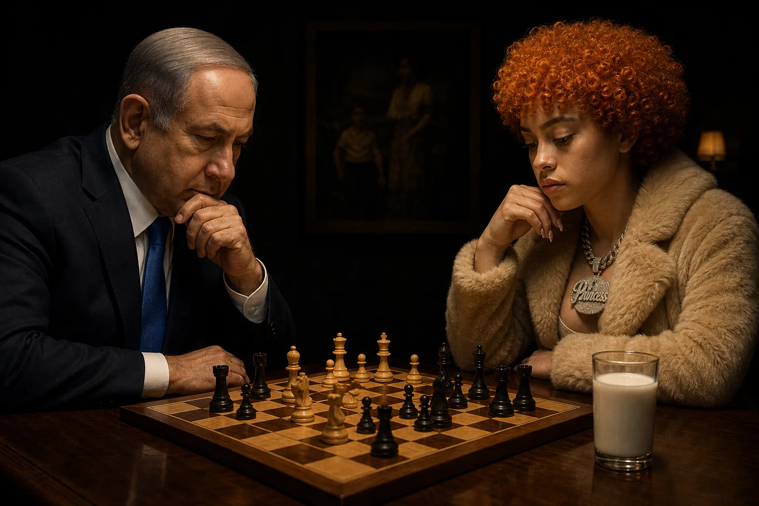 A stylized portrait of Benjamin Netanyahu and Ice Spice face each other over a chessboard in a dark, dramatically lit room, with a glass of milk on the table and warm light highlighting the scene.
