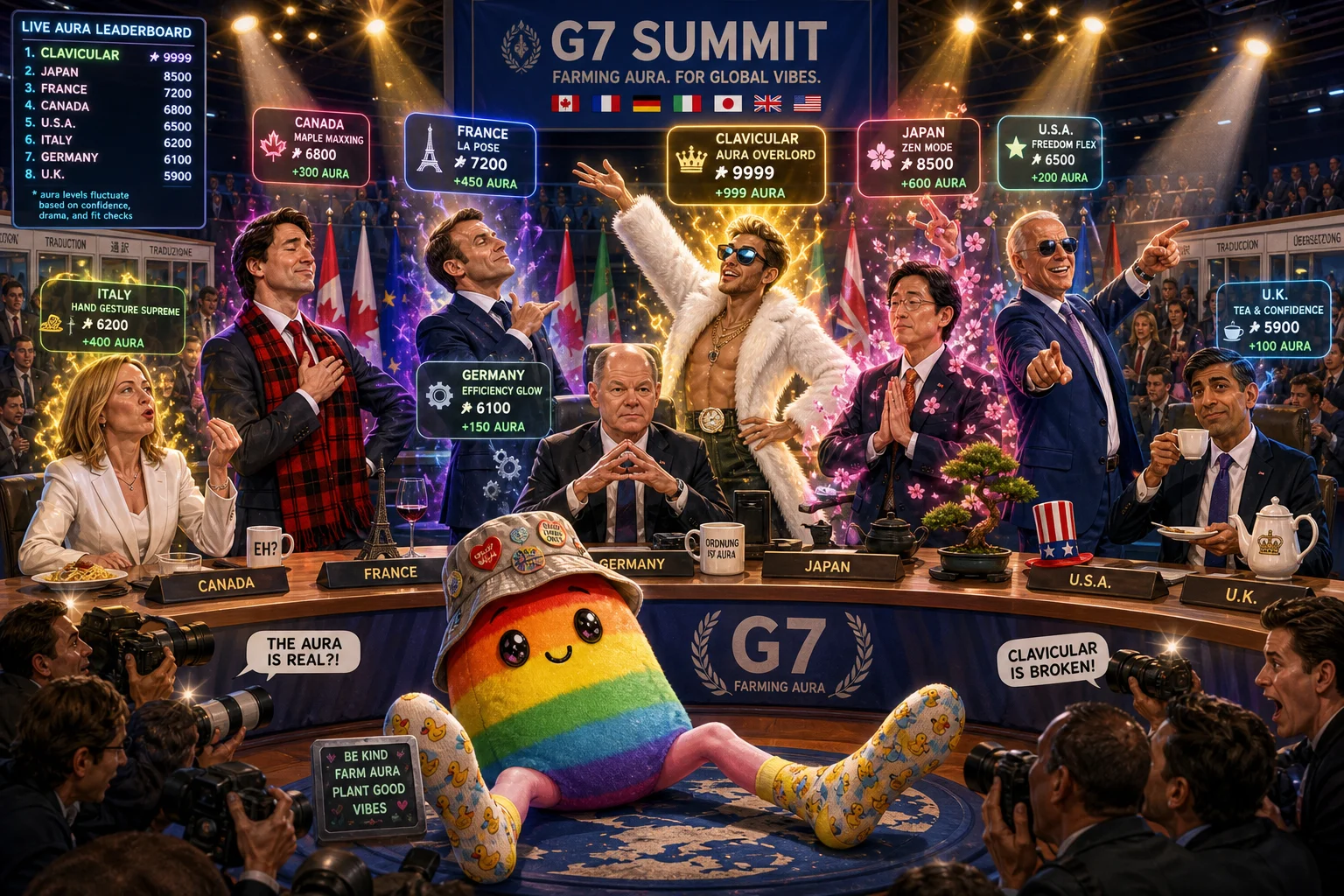A fictionalized G7 summit unfolds in a grand conference hall as leaders and a rainbow bean mascot strike exaggerated poses, surrounded by glowing aura effects, social-media meters, spotlights, photographers, and translation booths.