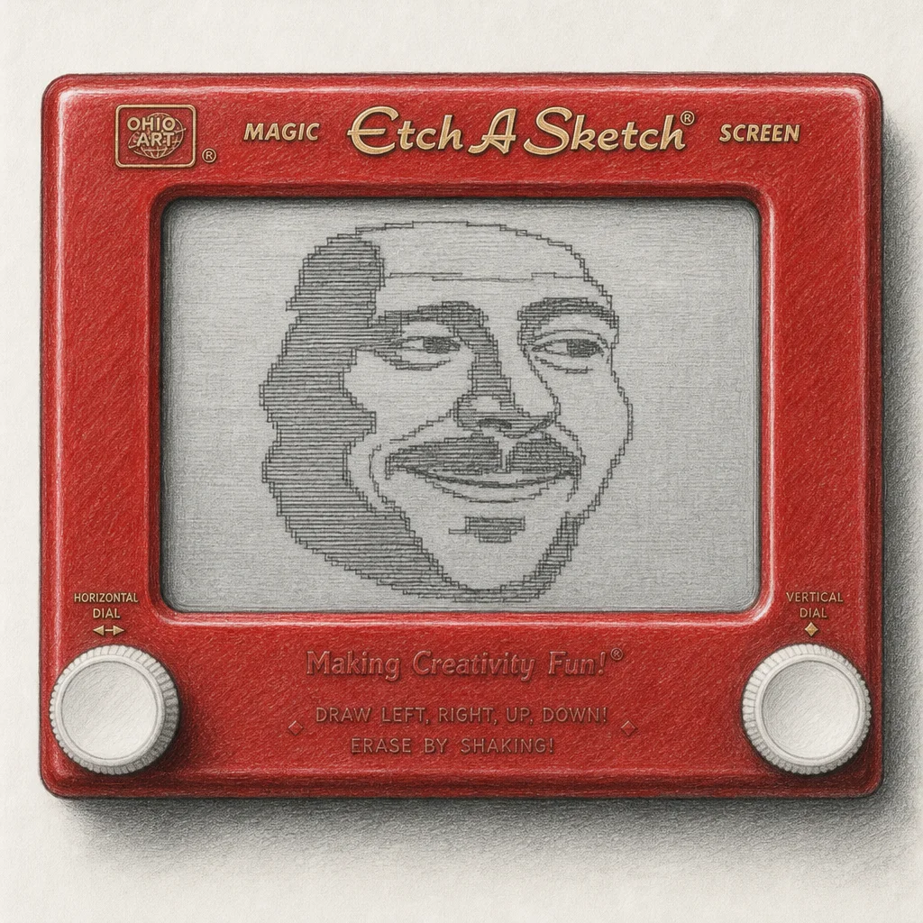 A classic red Etch A Sketch sits centered against a clean neutral background, its gray screen displaying a recognizable etched emote sketch between two white control knobs.