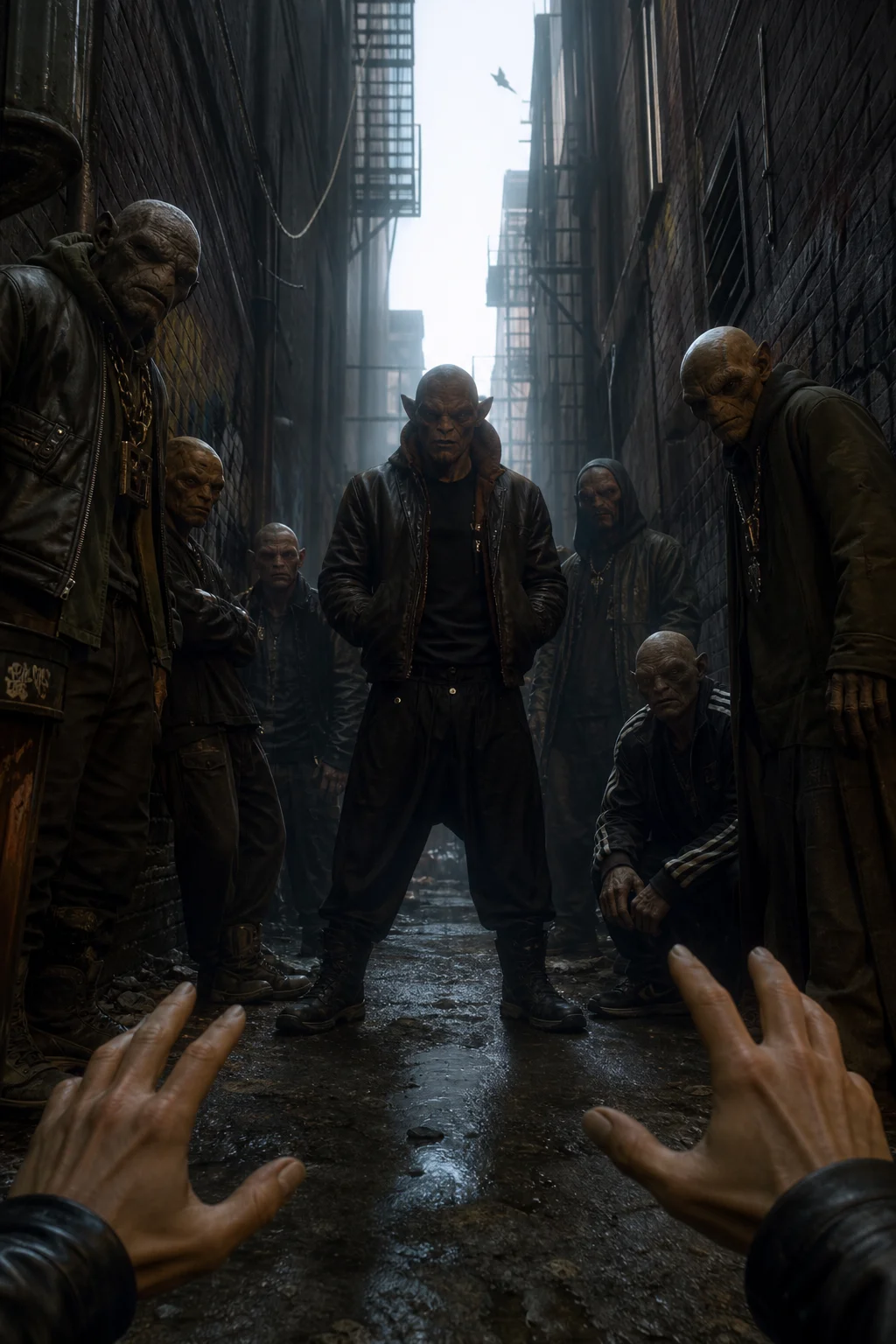 A first-person view shows multiple shadowy figures surrounding the viewer in a narrow, damp brick alley, with debris, fire escapes, and dramatic dim lighting creating a tense, claustrophobic mood.