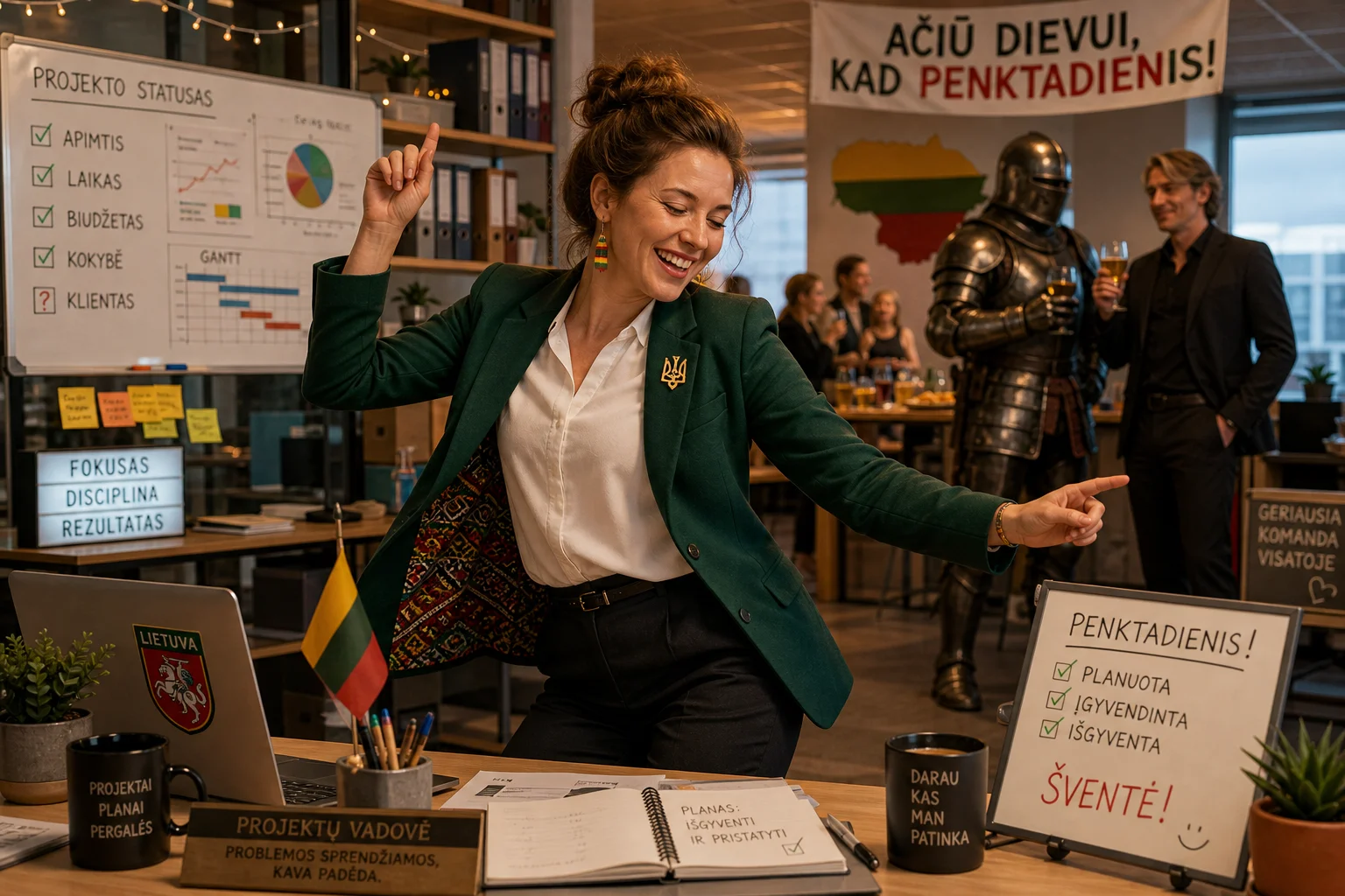 A Lithuanian project manager joyfully dances in a lively office surrounded by desks, charts, and laptops, while a distant armored knight and man mingle at a small Friday gathering.