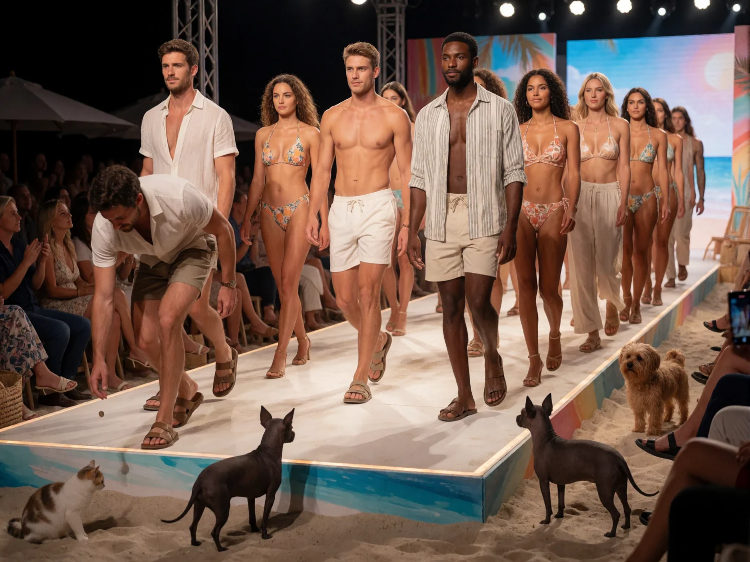 Adult models in resort swimwear walk a brightly lit beachside fashion-show runway while one bends to pick up a dropped coin, with puzzled dogs and a cat adding comic detail near the venue.