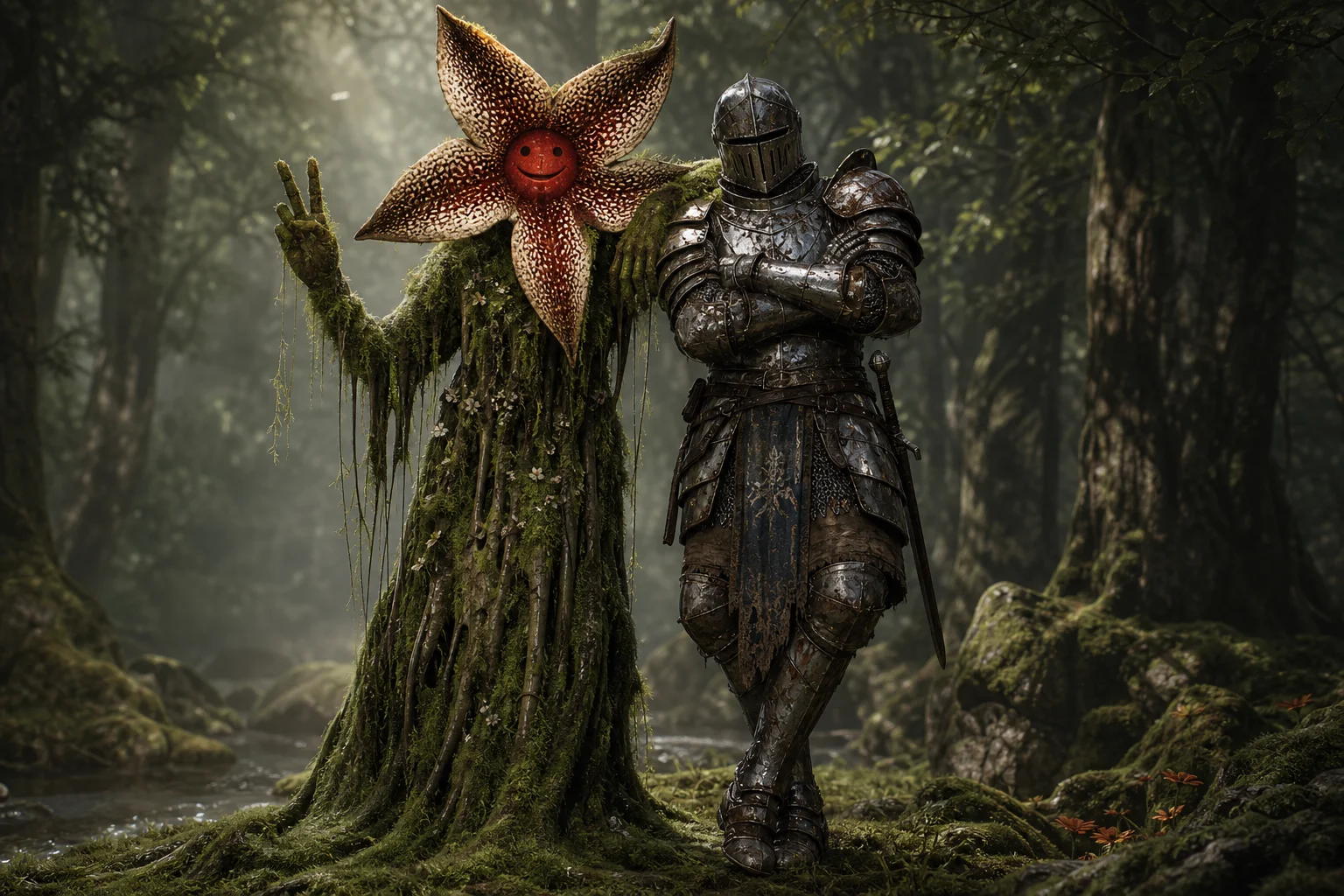 A flower-headed moss-covered humanoid and a battle-worn medieval knight stand side by side like friends in a quiet, warmly lit mossy forest clearing.