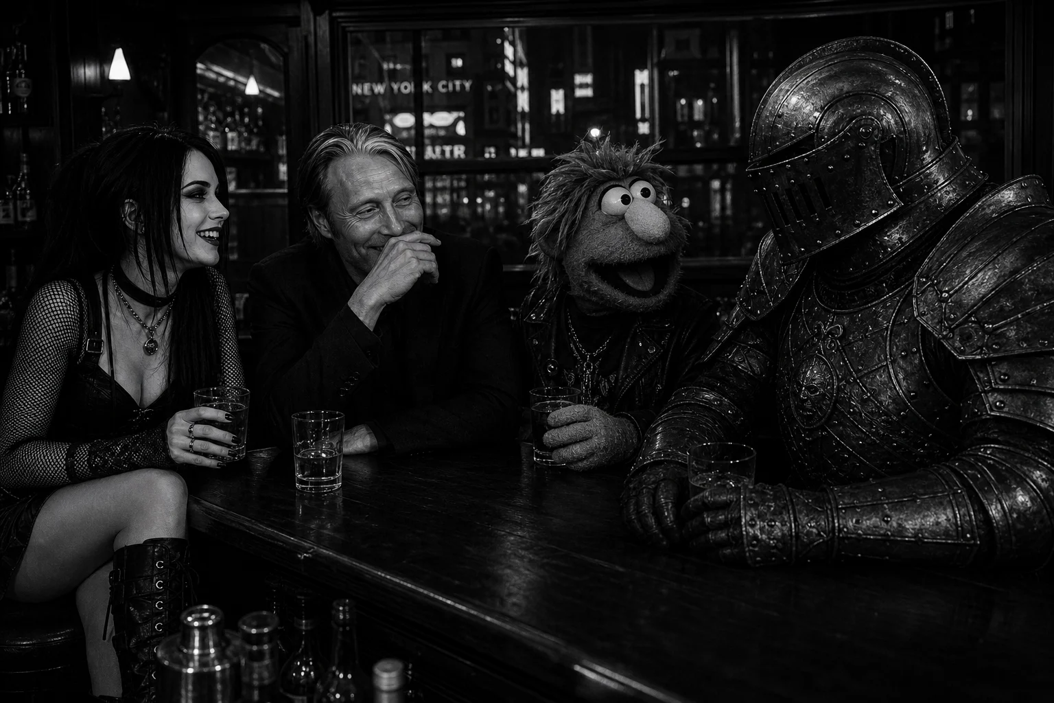 A goth woman, a man, and a medieval knight in imposing armor sit together with drinks at a stylish New York City bar, laughing and chatting under dramatic black-and-white lighting.