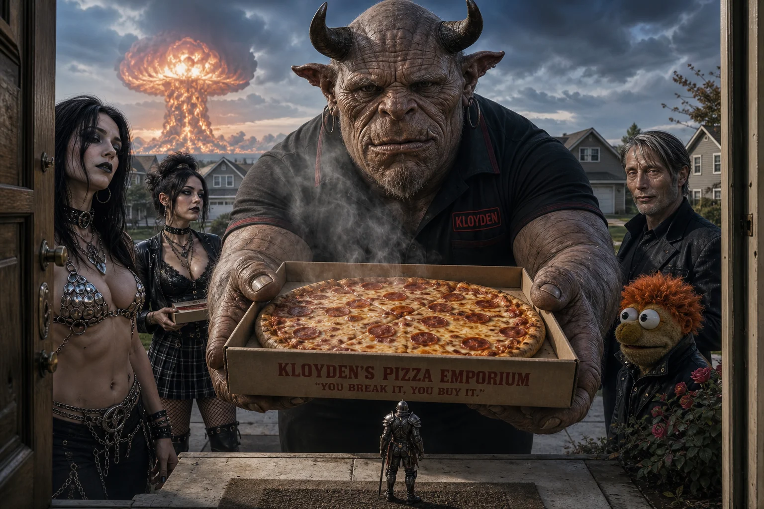 A towering figure delivers a steaming pizza at a front door while a tiny armored knight, two goth women, and onlookers watch, with a mushroom cloud rising over the neighborhood behind them.