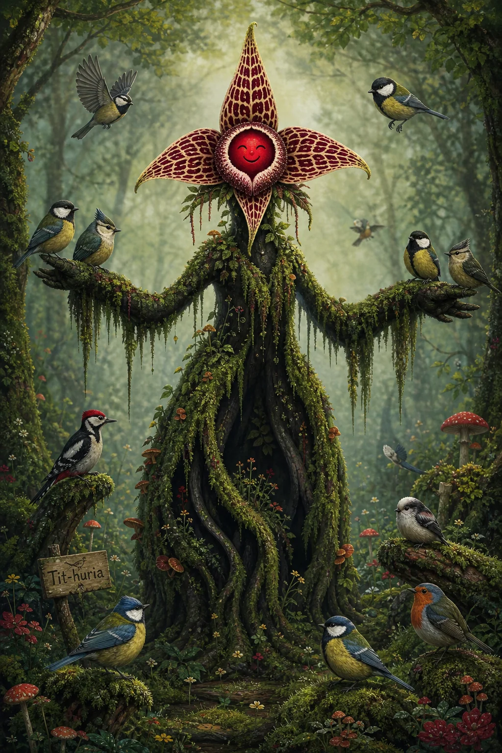 A whimsical moss-covered botanical creature with a red smiling flower face stands amid misty woodland greenery, surrounded by colorful birds perched on it and fluttering through the clearing.