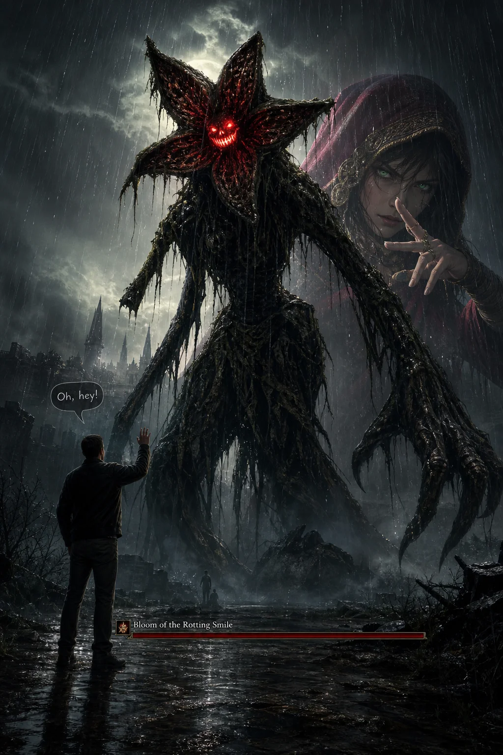A towering flower-headed creature with a glowing red face looms in the rain as a hooded woman poses nearby and an unaware man casually waves on the wet, misty ground.