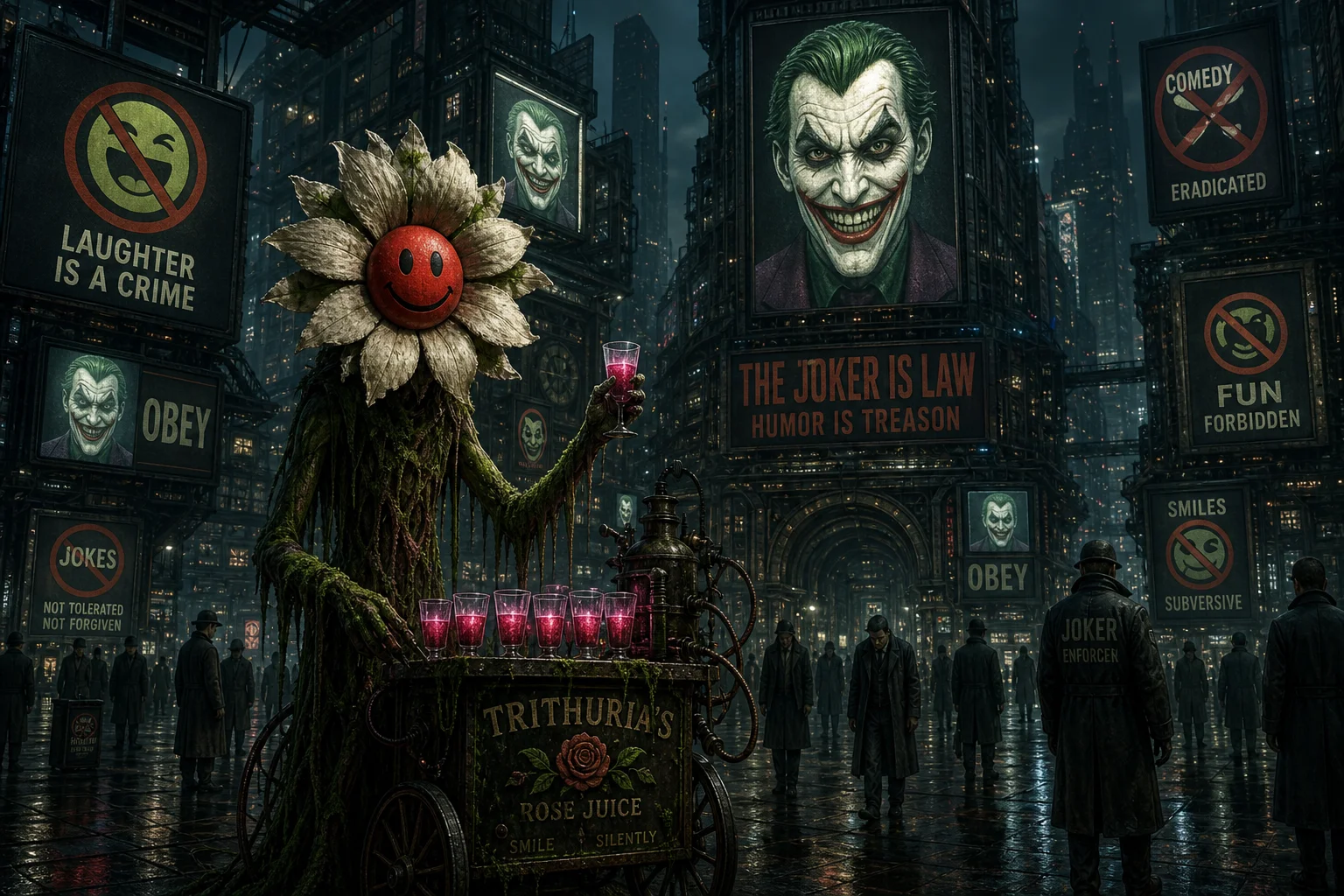 A shadowy, moss-covered figure with a flower head sells glowing rose juice from a street cart in a surreal dystopian city dominated by ominous Joker propaganda and silent citizens.