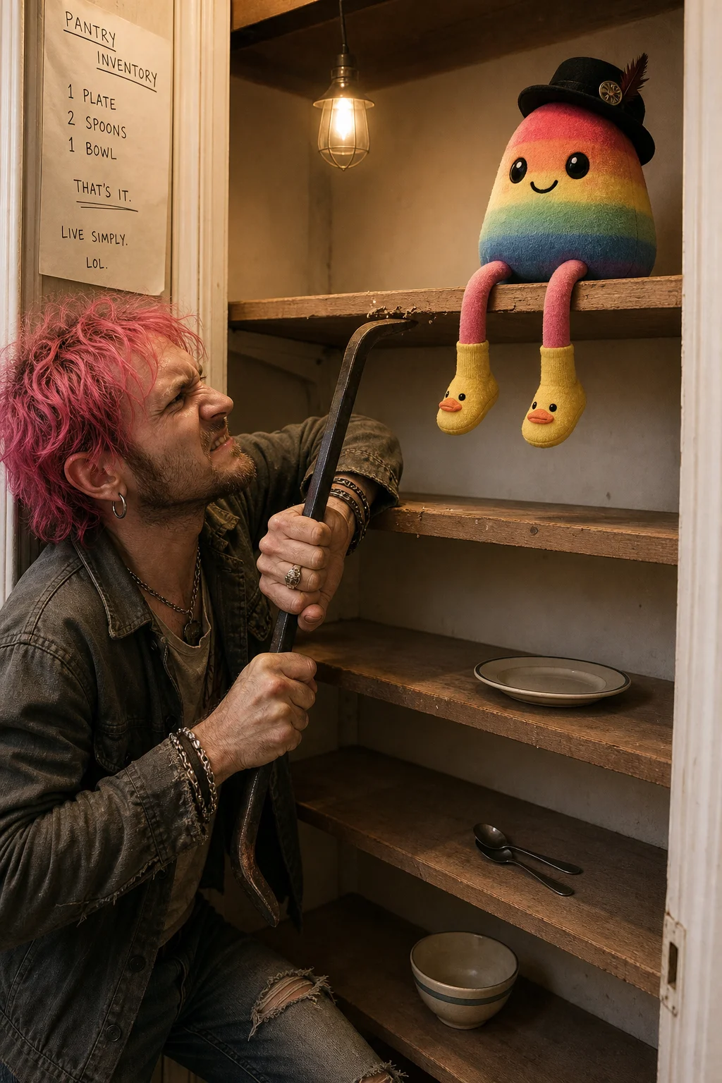 A pink-haired musician strains to tear down a shelf in a sparsely stocked pantry, while a cheerful rainbow bean plush in duck socks sits on the shelf, creating a humorous contrast in warm interior light.