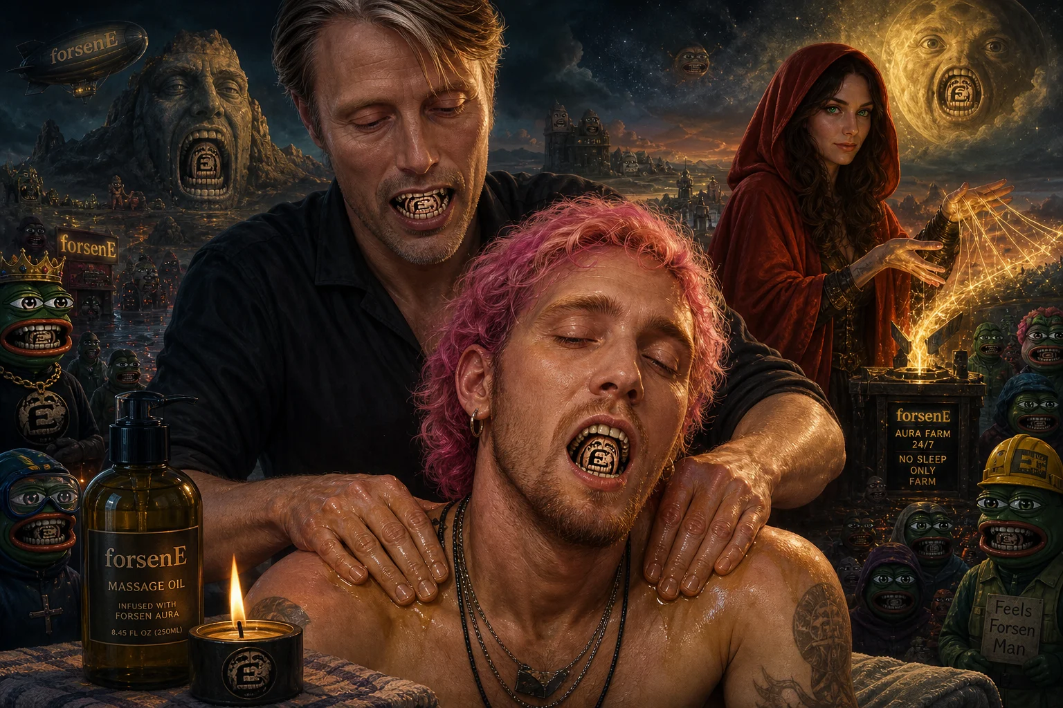In a surreal dark landscape, a man gently massages a pink-haired grunge-styled person while a red-hooded woman farms glowing energy and symbol-bearing figures populate the background.