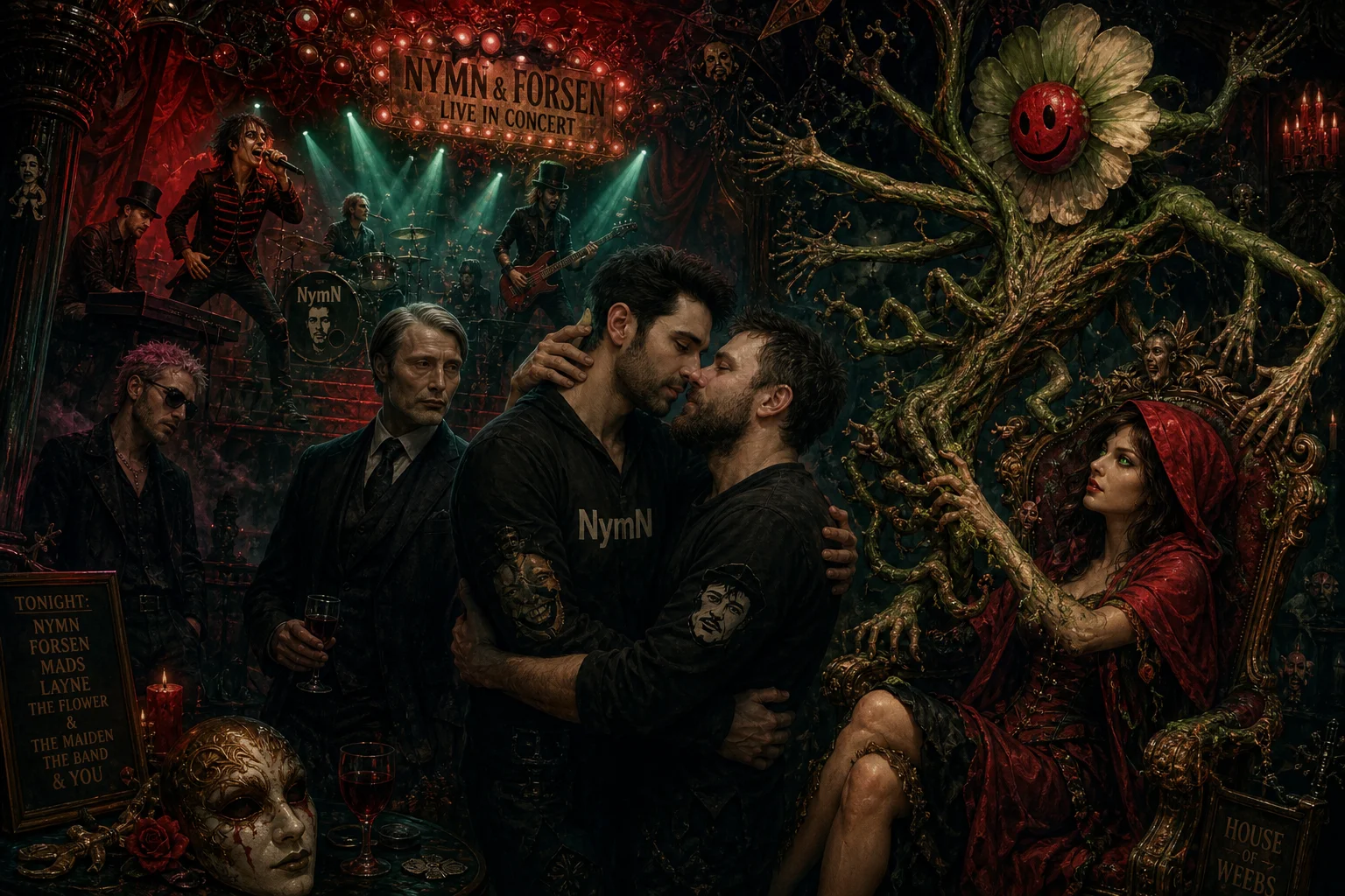 A surreal gothic music hall shows two figures embracing beneath dramatic lights, while a mysterious observer, a hooded woman, and a grotesque many-armed creature surround an ornate chair as a band performs through smoky crimson and emerald-