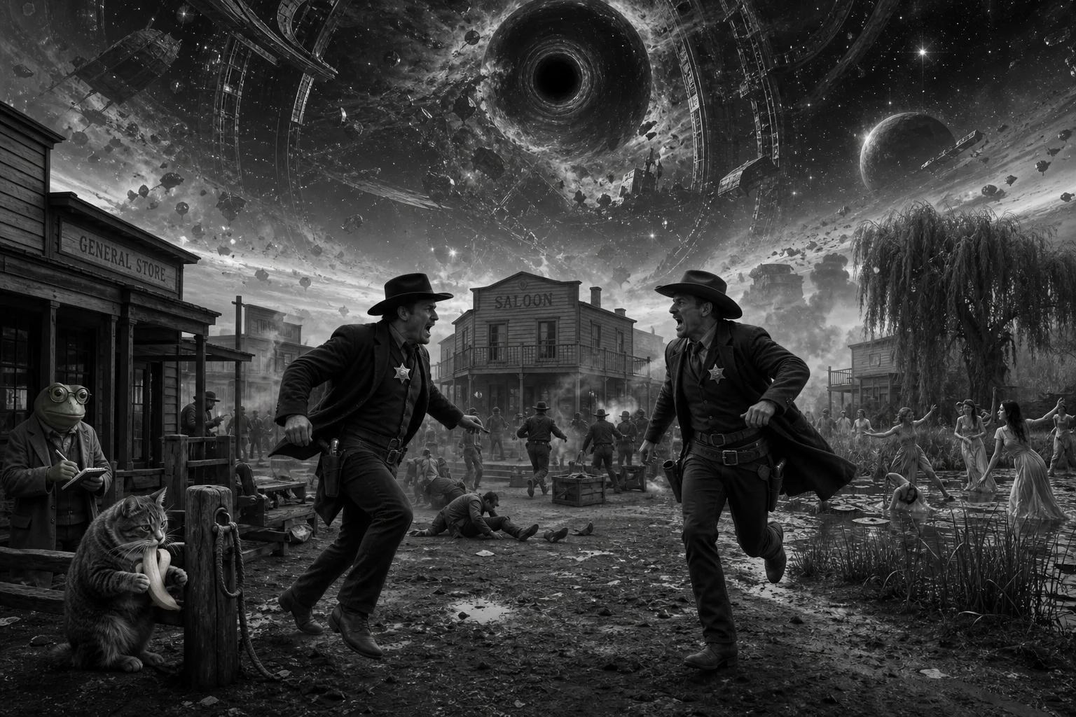 Two sheriffs run toward each other in a dusty frontier town at dusk as a surreal cosmic void tears open above the saloon and chaotic outlaws flee through the monochrome Western scene.