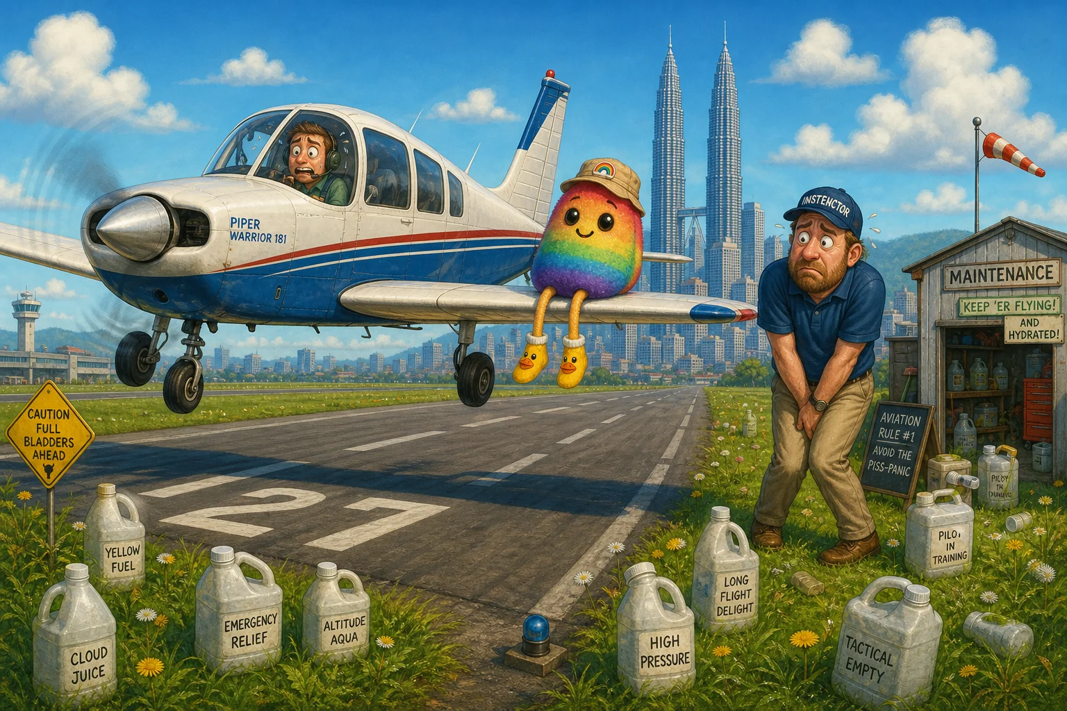 A Piper Warrior lands on a sunny runway while a pilot, instructor, and rainbow bean plush watch, with a distant twin-tower skyline and playful storybook details around the grassy verge.