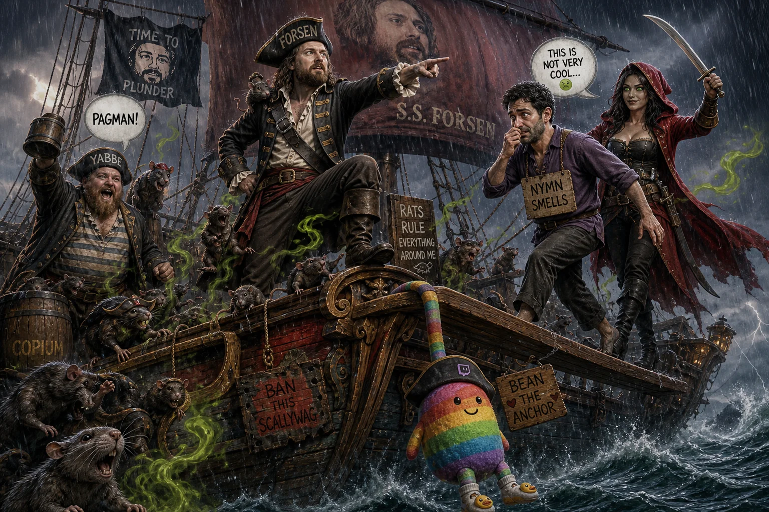 A lively pirate ship in the rain features a captain commanding the deck, rats and green stink wisps, a hooded woman with a cutlass, a sailor walking the plank, and a rainbow bean plush dangling as an anchor.