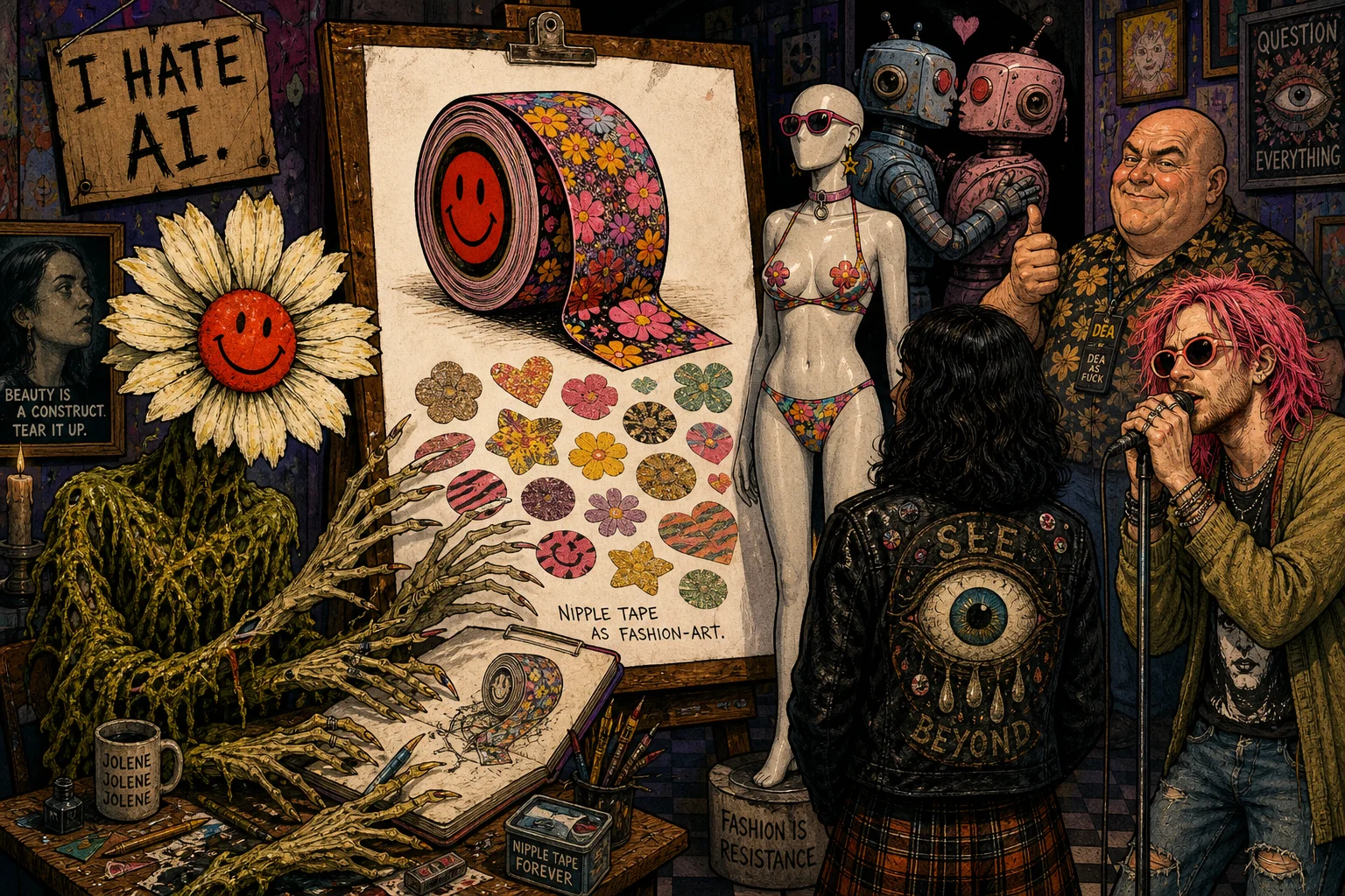 A surreal gallery scene features a flower-headed artist sketching colorful nipple tape while a pink-haired performer sings into a microphone beside a bikini-clad mannequin, surrounded by whimsical characters and robots.