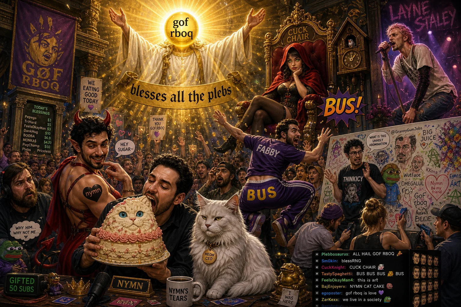 A radiant godlike figure blesses a chaotic theatrical crowd with golden light, while performers, a white cat, a giant cat-shaped cake, and comic art unfold on a brightly lit stage.