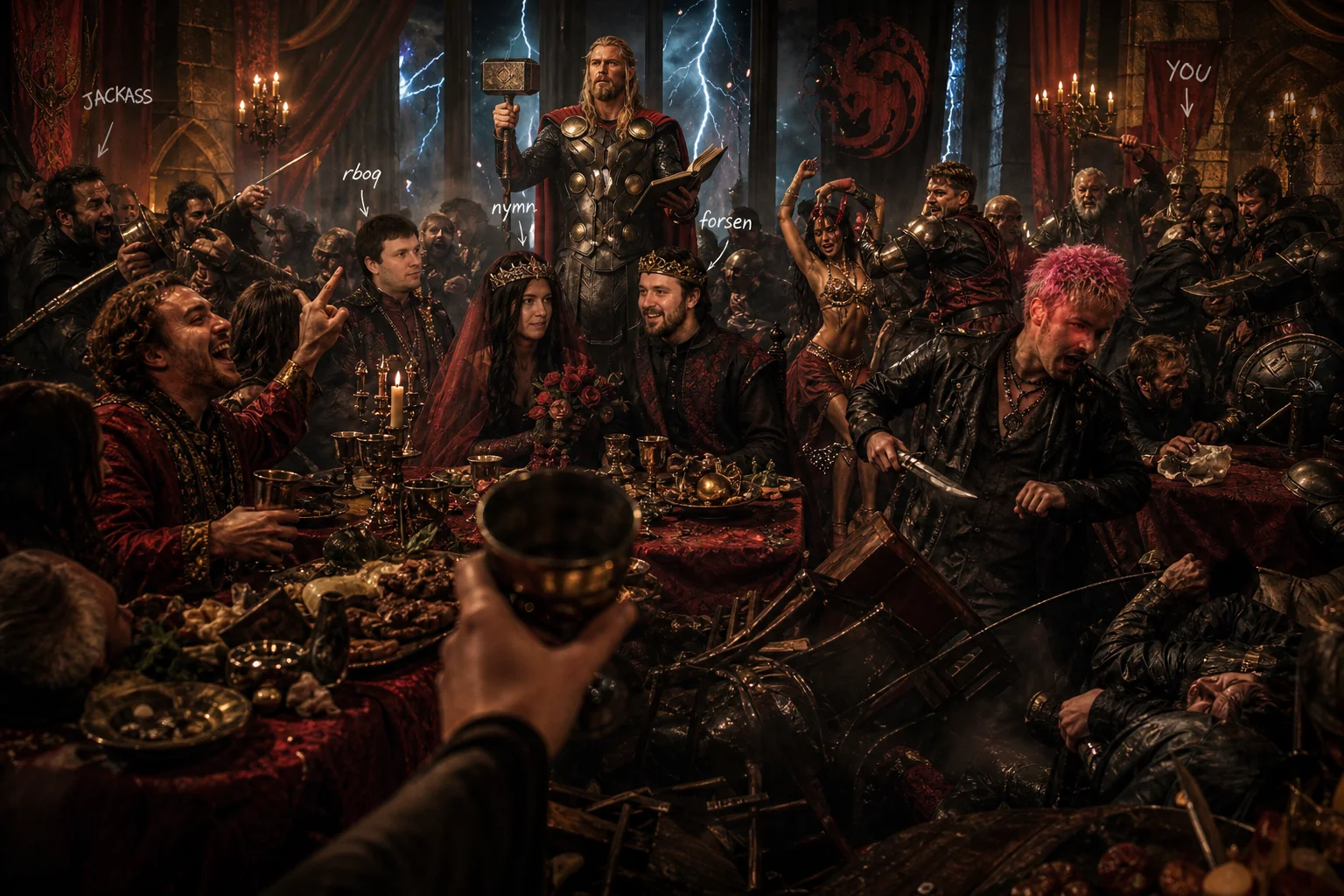 A dark-fantasy wedding banquet erupts into chaotic betrayal and swordplay in a grand medieval hall, as armored Thor officiates beneath lightning while guests flee among overturned tables and red banners.