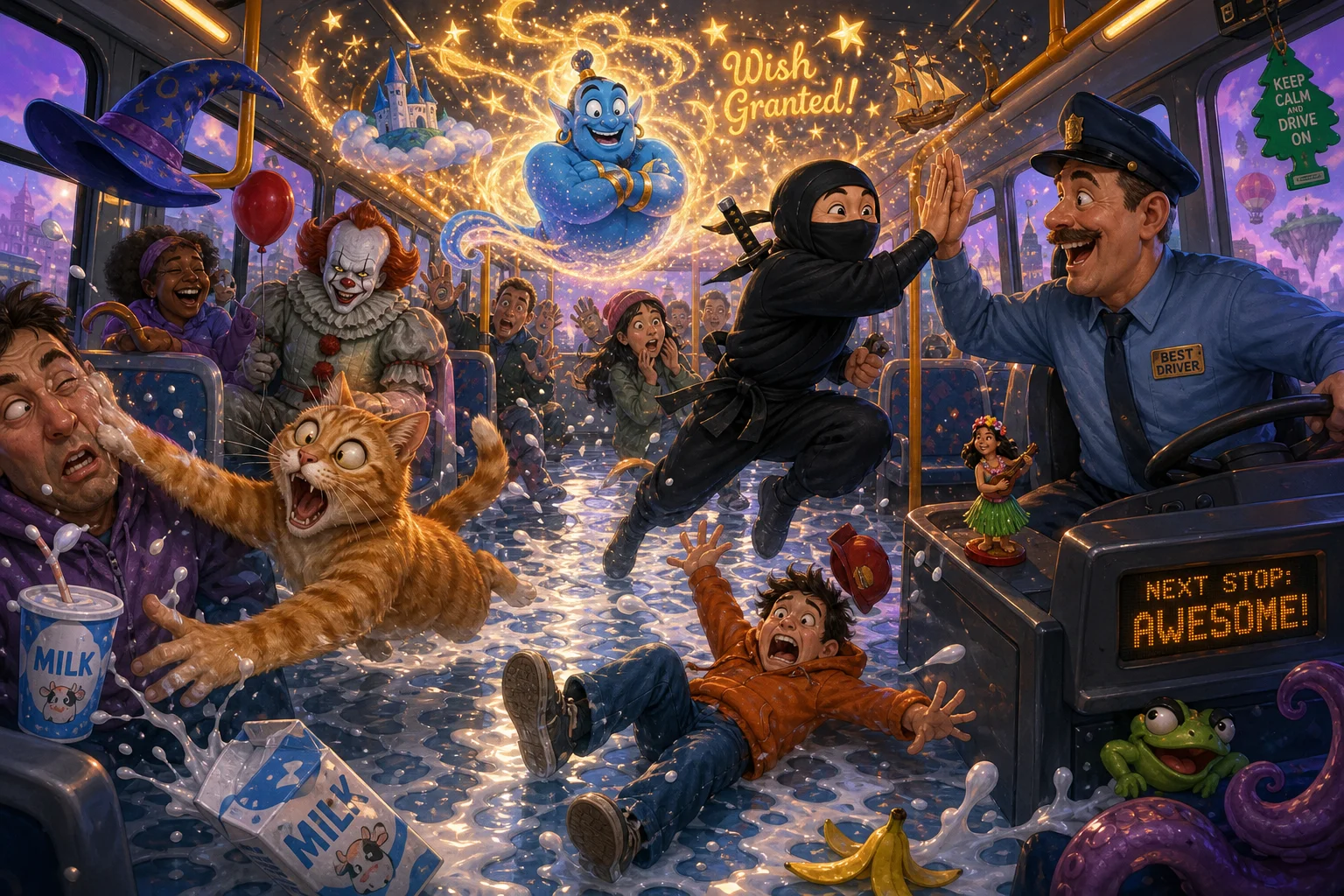 A surreal cartoon city bus scene shows a cheerful ninja high-fiving the driver while a spooky clown, wide-eyed cat, and sliding passengers create whimsical slapstick chaos on a milk-covered floor.
