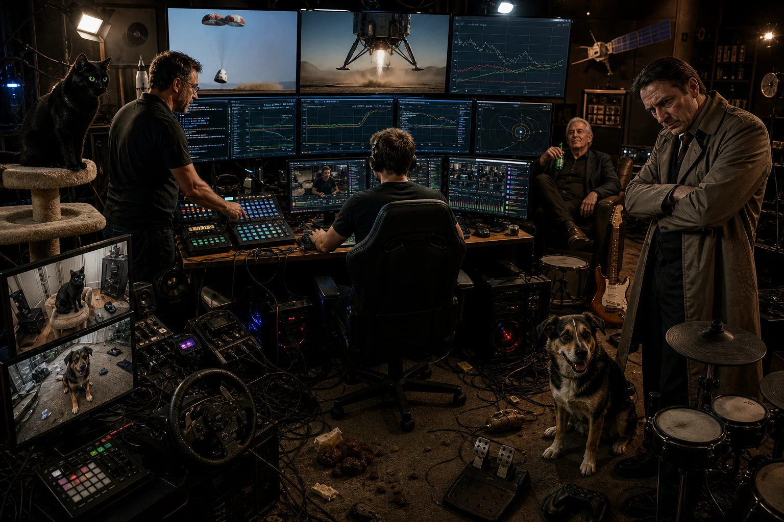 A chaotic high-tech livestream studio features a moderator, streamer, watchful detective, lounging man, glowing monitors, tangled wires, gaming gear, NASA telemetry, and a green-eyed cat beside a dog amid comedic clutter.
